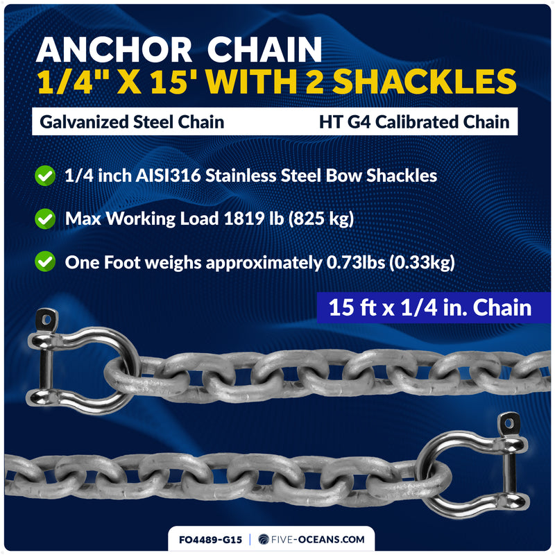 Anchor Chain 1/4" x 15' with 2 Shackles, HT G4 Galvanized Steel - FO4489-G15 - Five Oceans