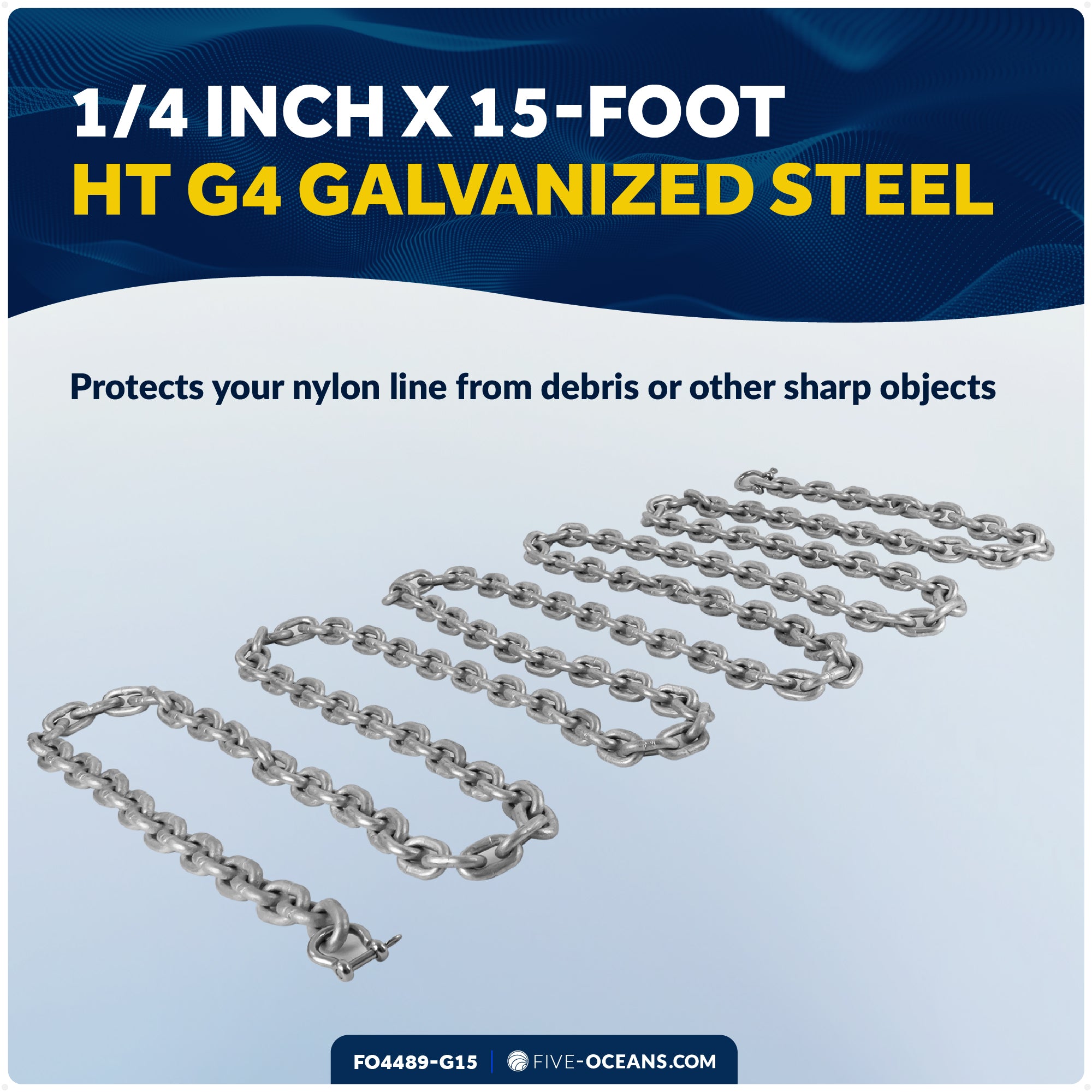 Anchor Chain 1/4" x 15' with 2 Shackles, HT G4 Galvanized Steel - FO4489-G15