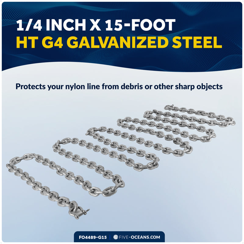 Anchor Chain 1/4" x 15' with 2 Shackles, HT G4 Galvanized Steel - FO4489-G15 - Five Oceans