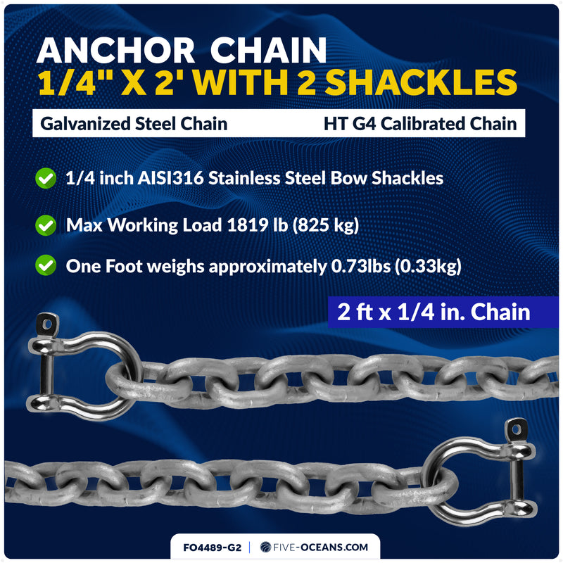 Anchor Chain 1/4" x 2' with 2 Shackles, HT G4 Galvanized Steel - FO4489-G2 - Five Oceans