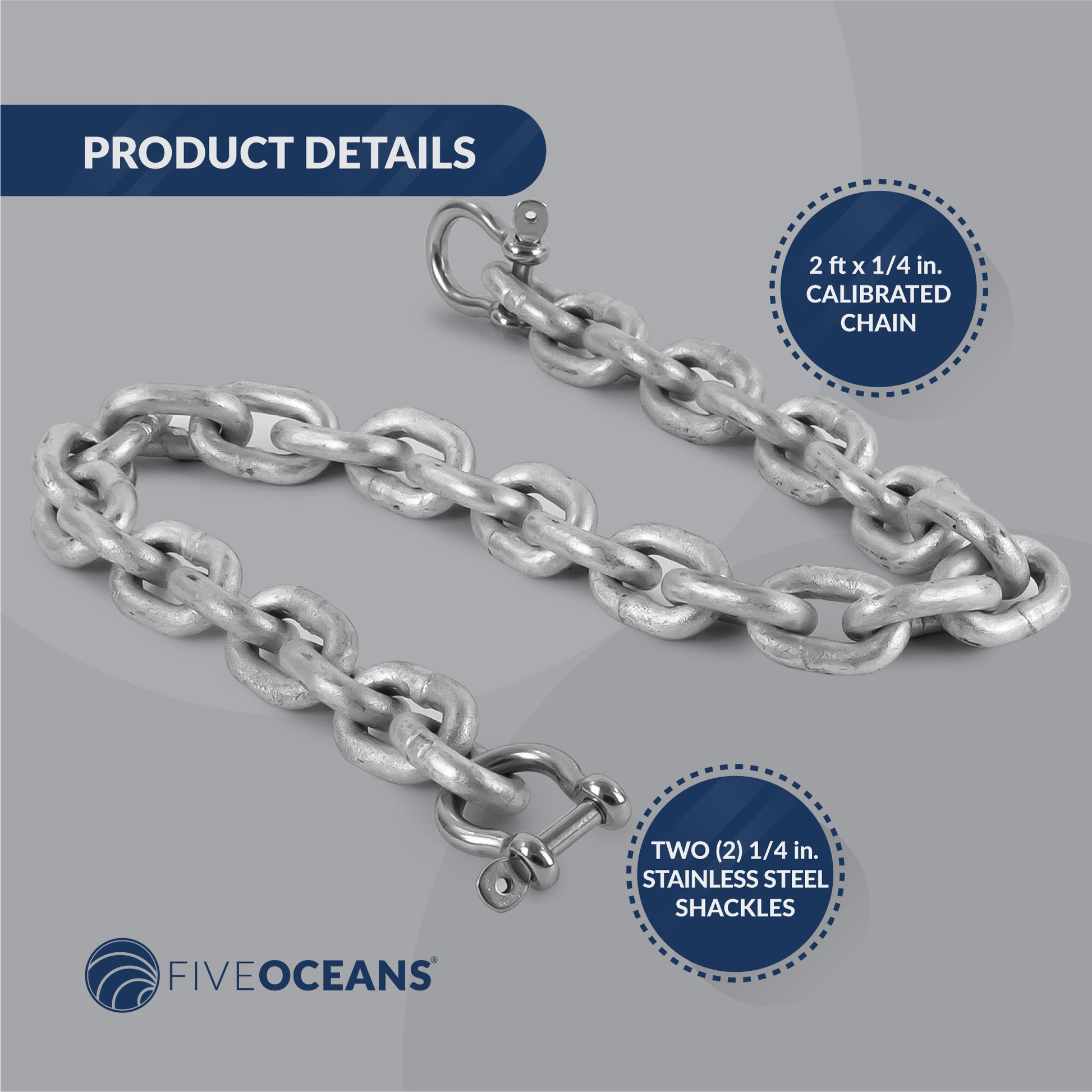 Galvanized Anchor Chain, 1/4" x 2' with 2 Shackles Link End, HT G4 High Test - FO4489-G2 - Five Oceans
