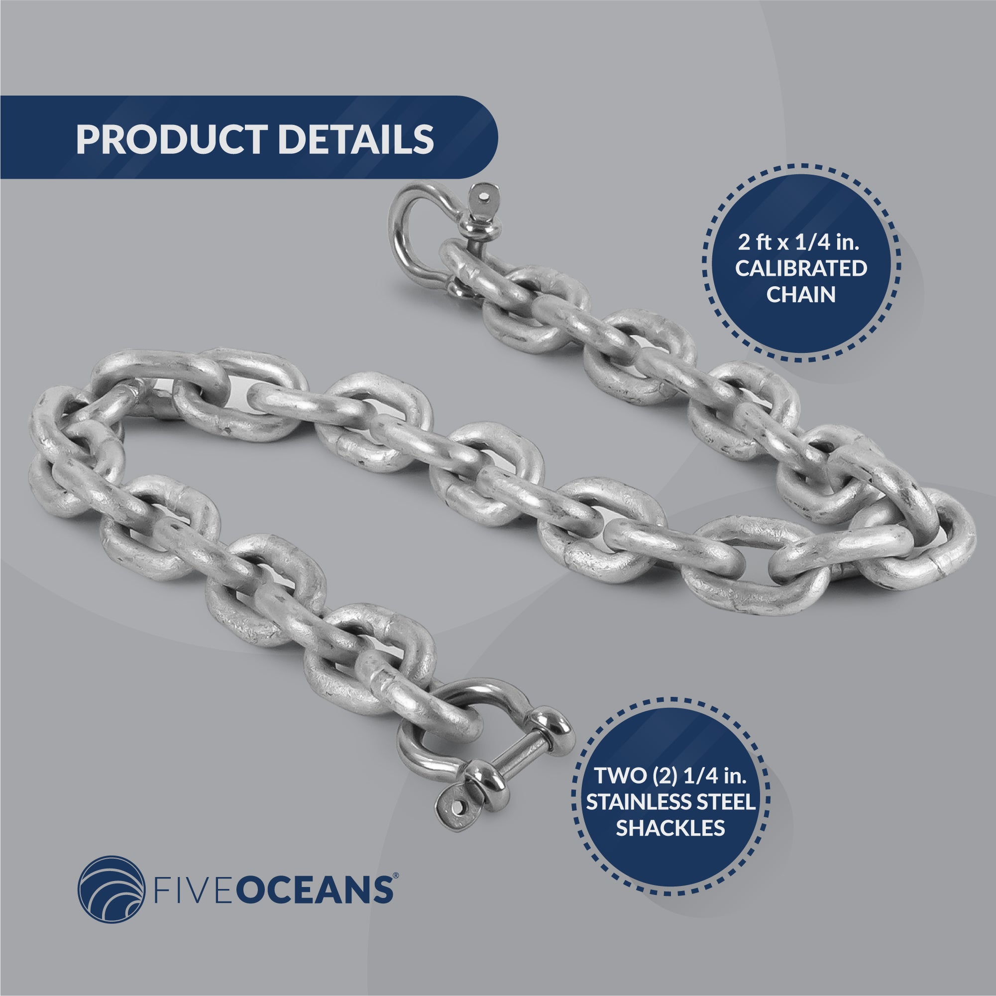 Galvanized Anchor Chain, 1/4" x 2' with 2 Shackles Link End, HT G4 High Test - FO4489-G2 - Five Oceans