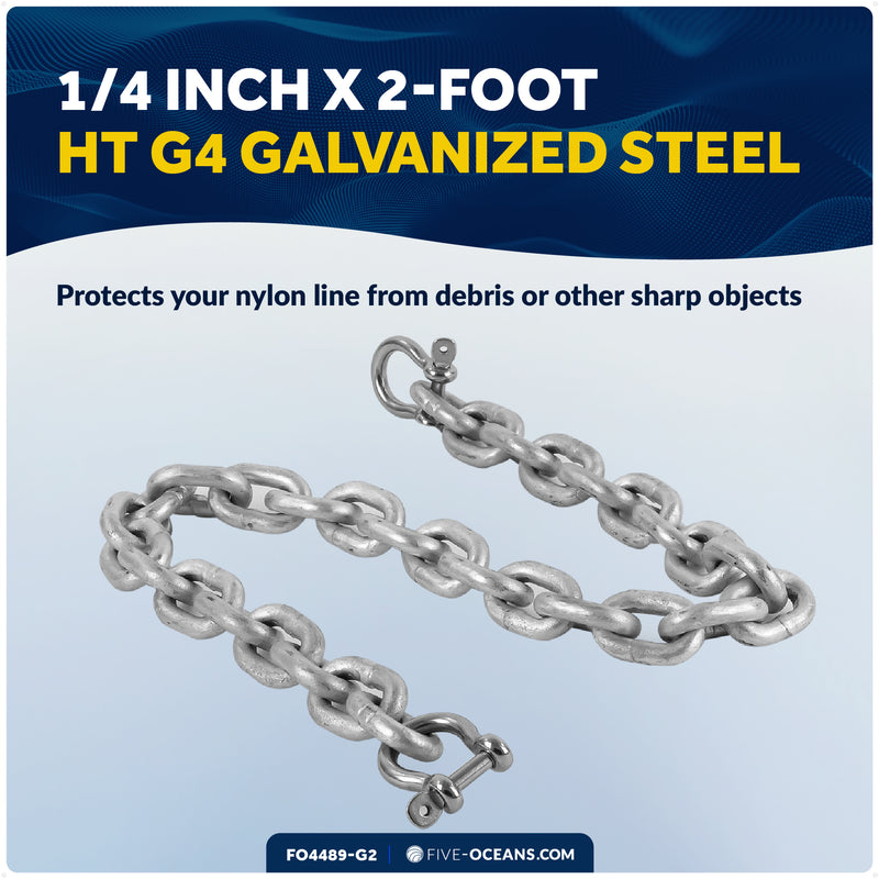 Anchor Chain 1/4" x 2' with 2 Shackles, HT G4 Galvanized Steel - FO4489-G2 - Five Oceans