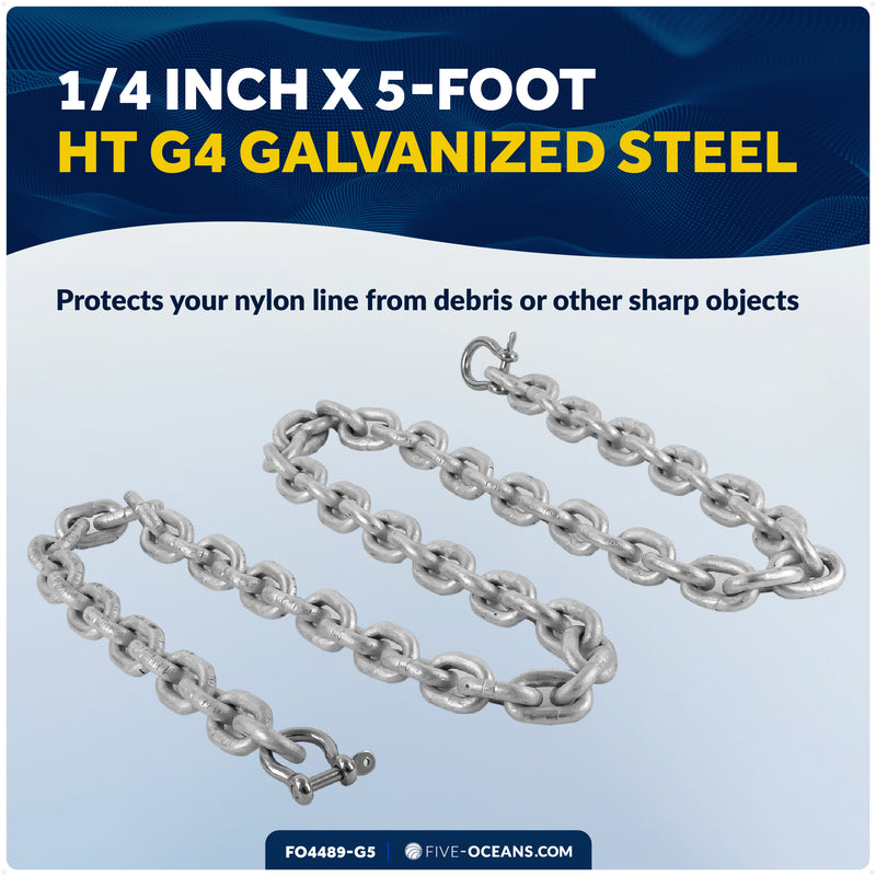 Anchor Chain 1/4" x 5' with 2 Shackles, HT G4 Galvanized Steel - FO4489-G5 - Five Oceans