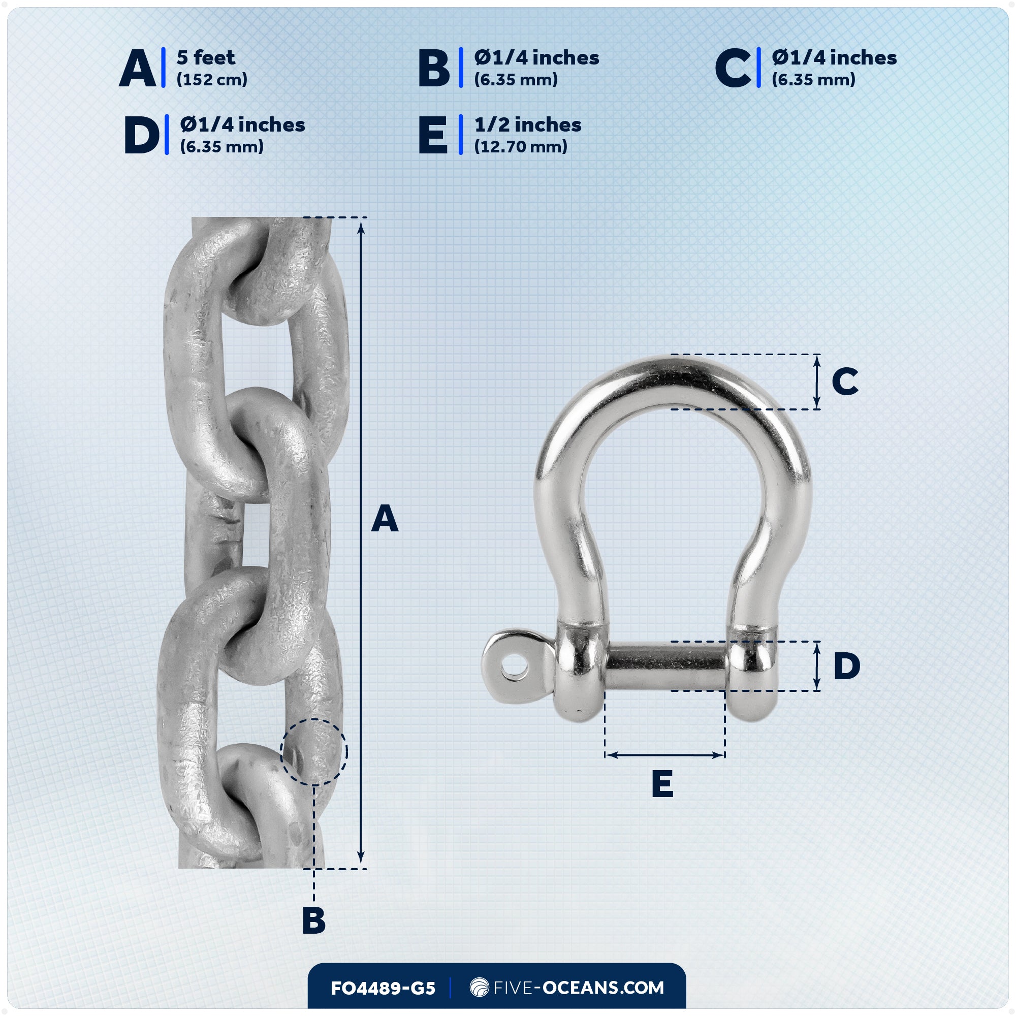 Anchor Chain 1/4" x 5' with 2 Shackles, HT G4 Galvanized Steel - FO4489-G5