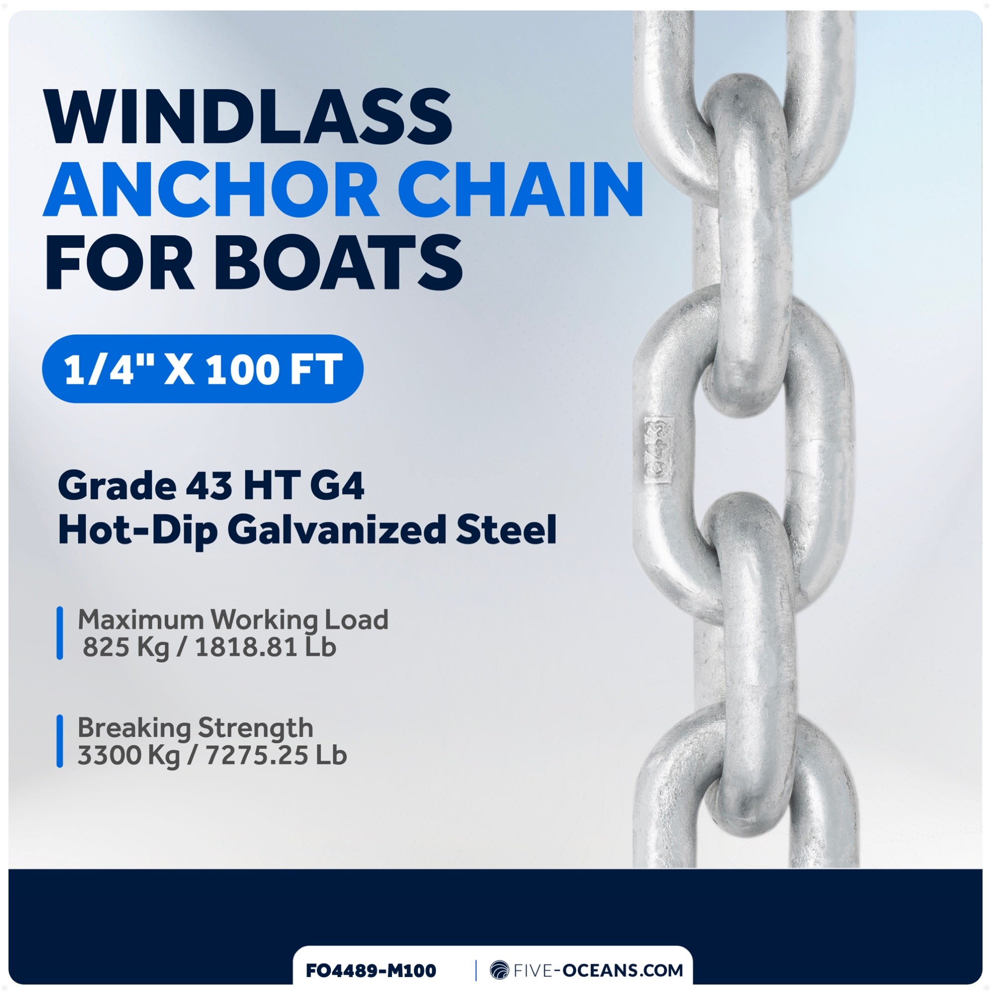 1/4" x 100'  Windlass Boat Anchor Chain, HT G4 Galvanized Steel - FO4489-M100 - Five Oceans