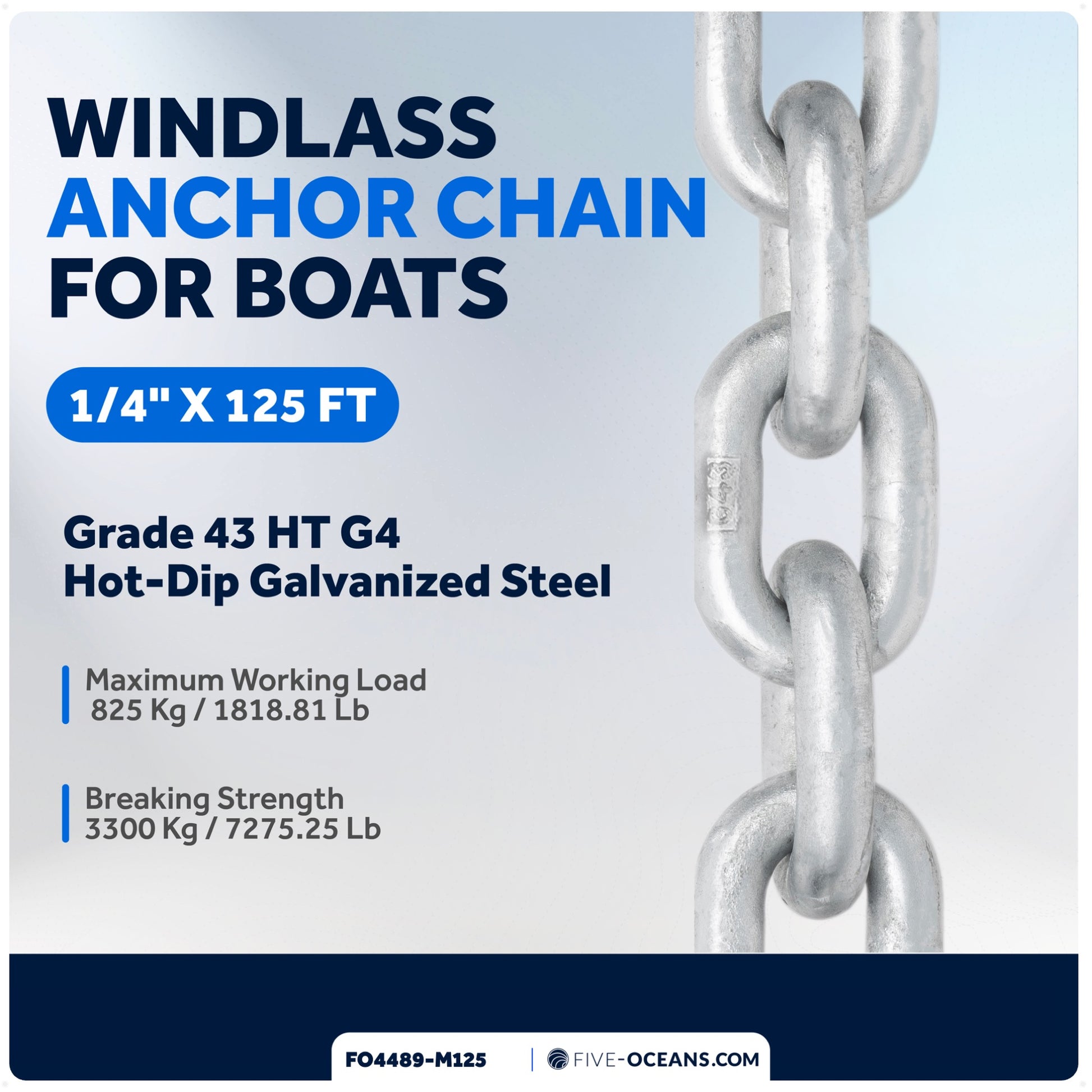 1/4" x 125'  Windlass Boat Anchor Chain HT G4 Galvanized Steel - FO4489-M125 - Five Oceans