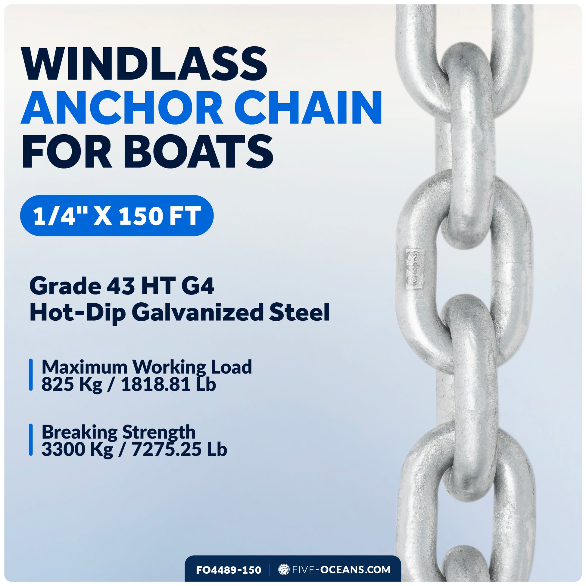 Windlass Anchor Chain 1/4" x 150' HT G4 - Galvanized Steel - FO4489-M150 - Five Oceans