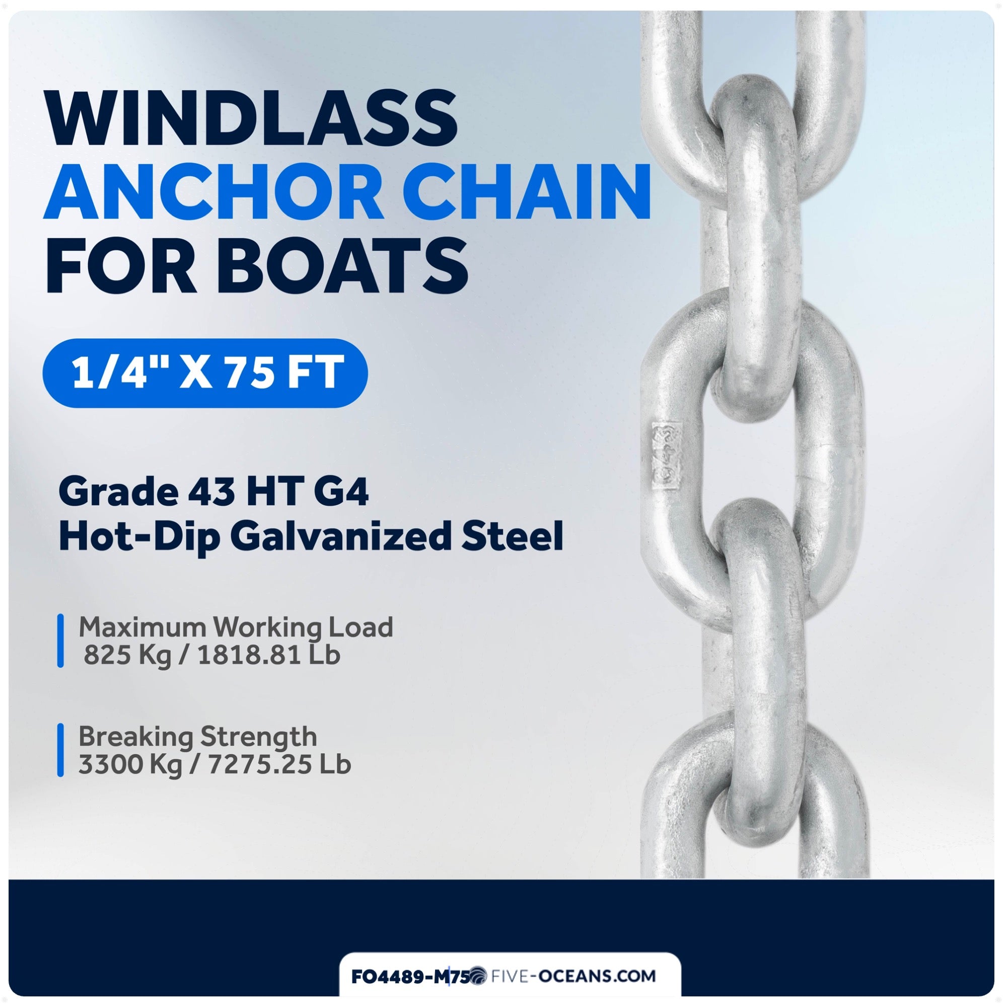 1/4" x 75'  Windlass Boat Anchor Chain HT G4 Galvanized Steel - FO4489-M75 - Five Oceans