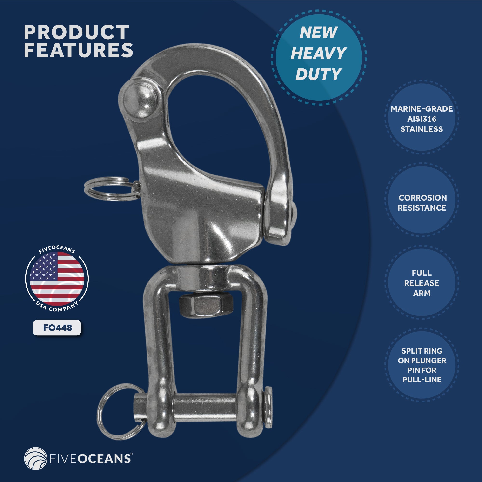 5" Pin Release Snap Shackle with Swivel Jaw, AISI316 Stainless Steel - FO448