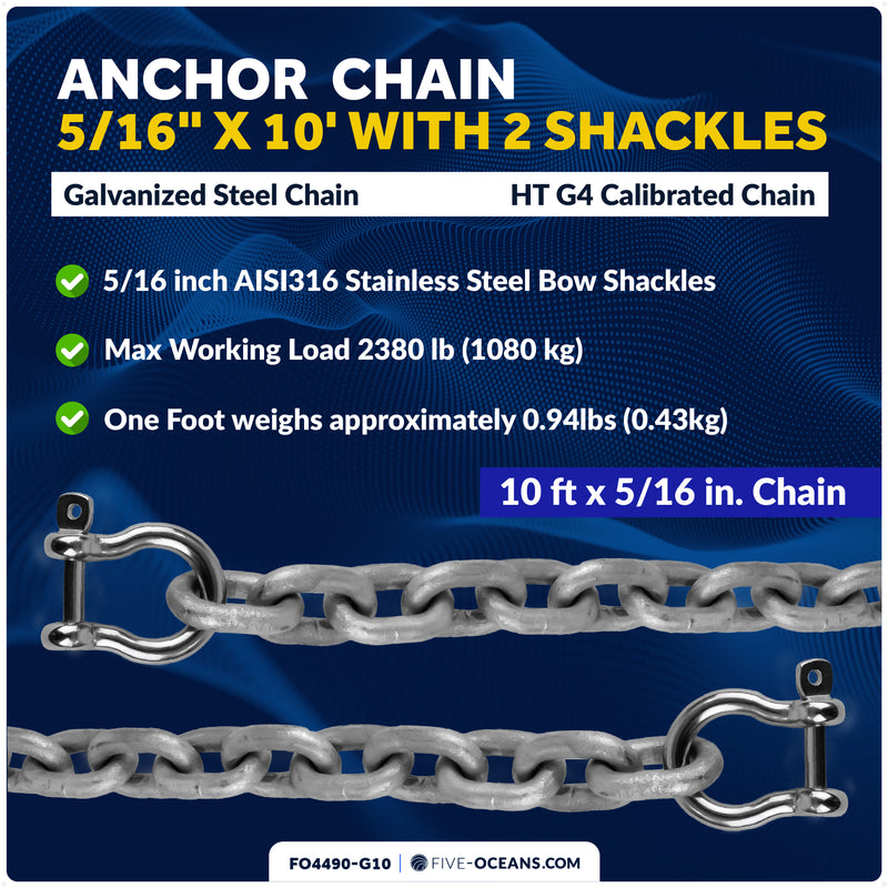 Anchor Chain 5/16" x 10' with 2 Shackles, HT G4 Galvanized Steel - FO4490-G10 - Five Oceans