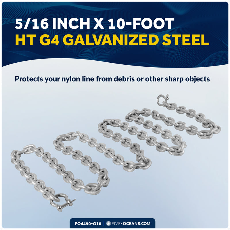 Anchor Chain 5/16" x 10' with 2 Shackles, HT G4 Galvanized Steel - FO4490-G10 - Five Oceans