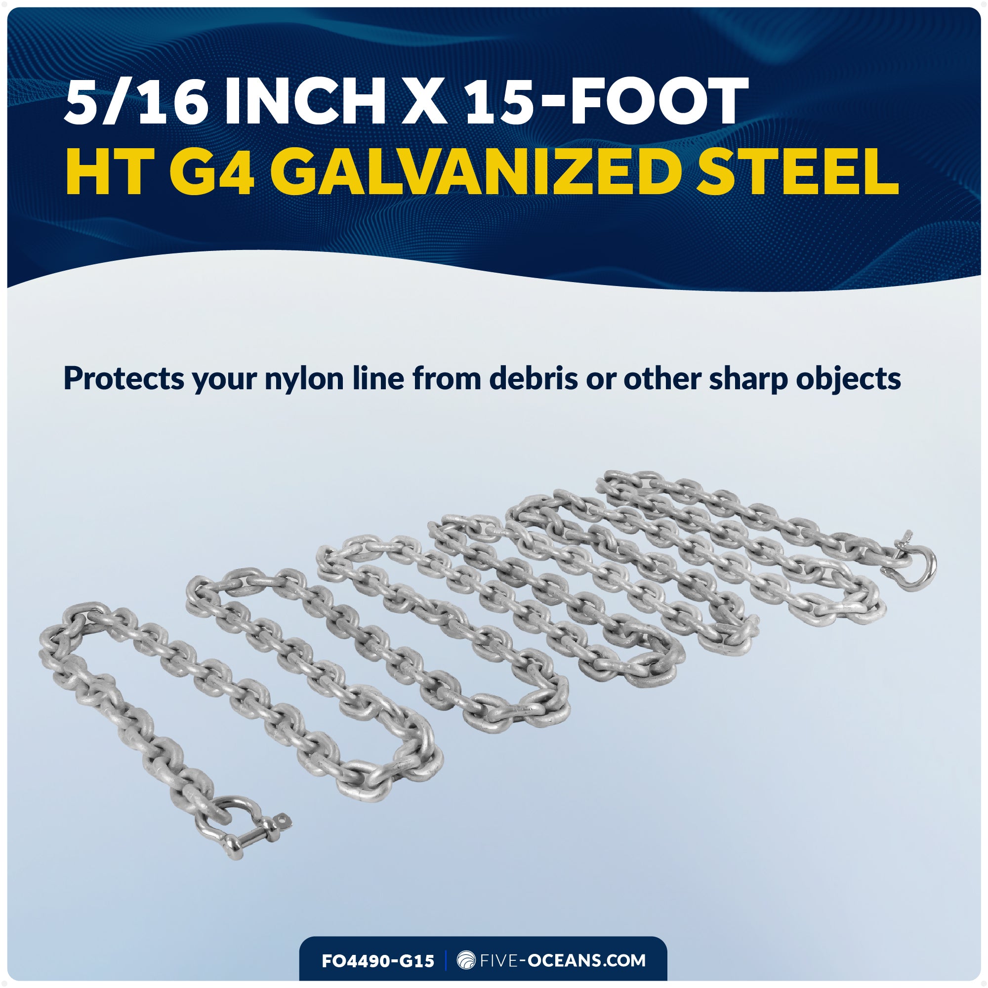Anchor Chain 5/16" x 15' with 2 Shackles, HT G4 Galvanized Steel - FO4490-G15
