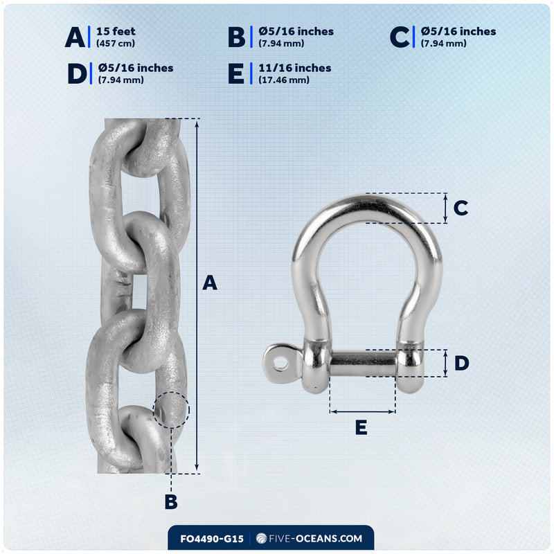 Anchor Chain 5/16" x 15' with 2 Shackles, HT G4 Galvanized Steel - FO4490-G15 - Five Oceans