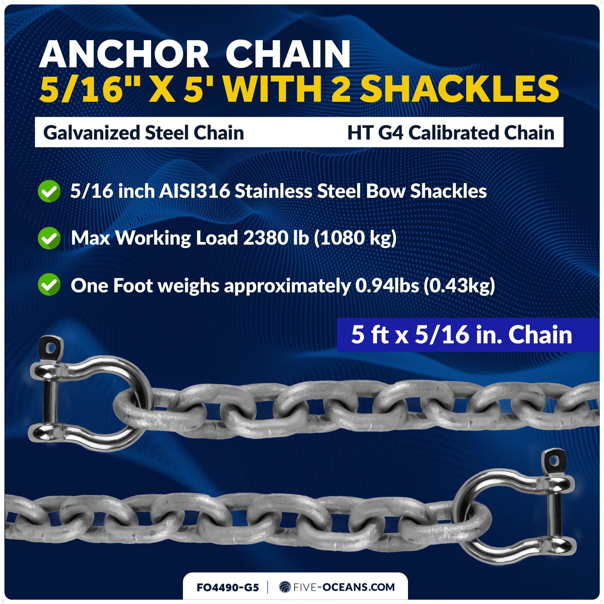 Anchor Chain 5/16" x 5' with 2 Shackles, HT G4 Galvanized Steel - FO4490-G5 - Five Oceans