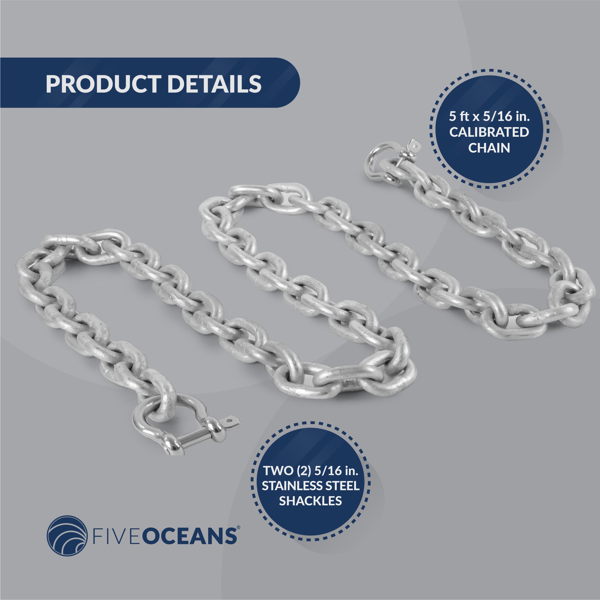 5/16" x 5' Boat Anchor Chain with 2 Stainless Steel Shackles, G4 High Test Galvanized Steel Chain - FO4490-G5 - Five Oceans