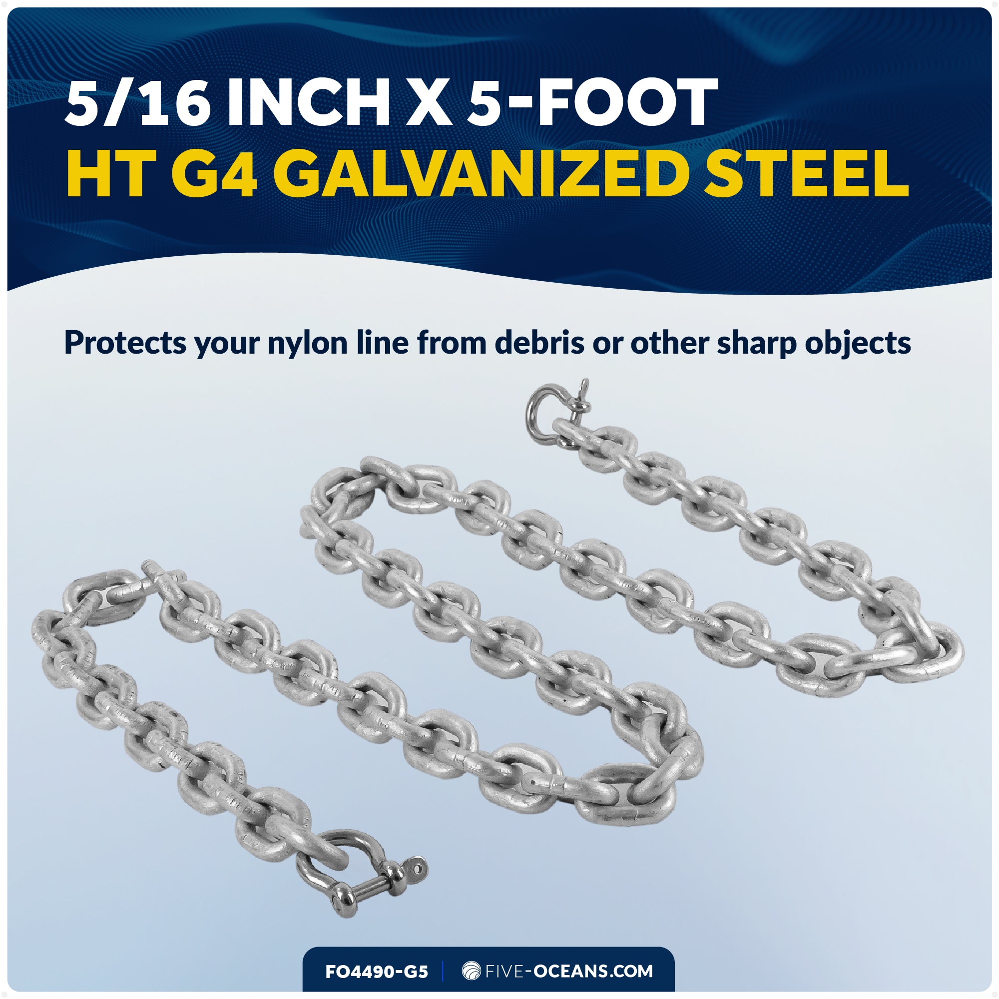 Anchor Chain 5/16" x 5' with 2 Shackles, HT G4 Galvanized Steel - FO4490-G5