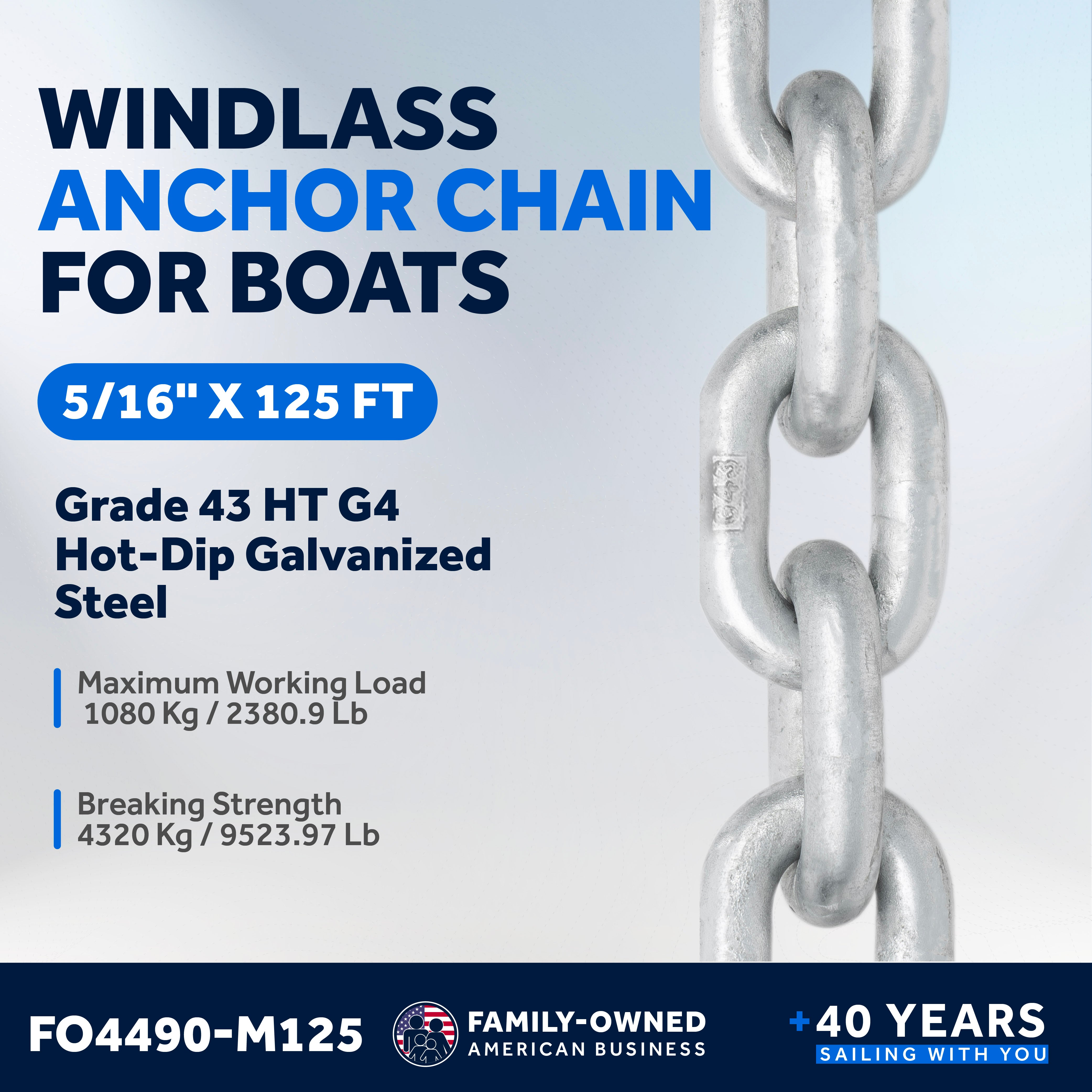 5/16" x 125'  Boat Windlass Anchor Chain HT G4 Galvanized Steel - FO4490-M125