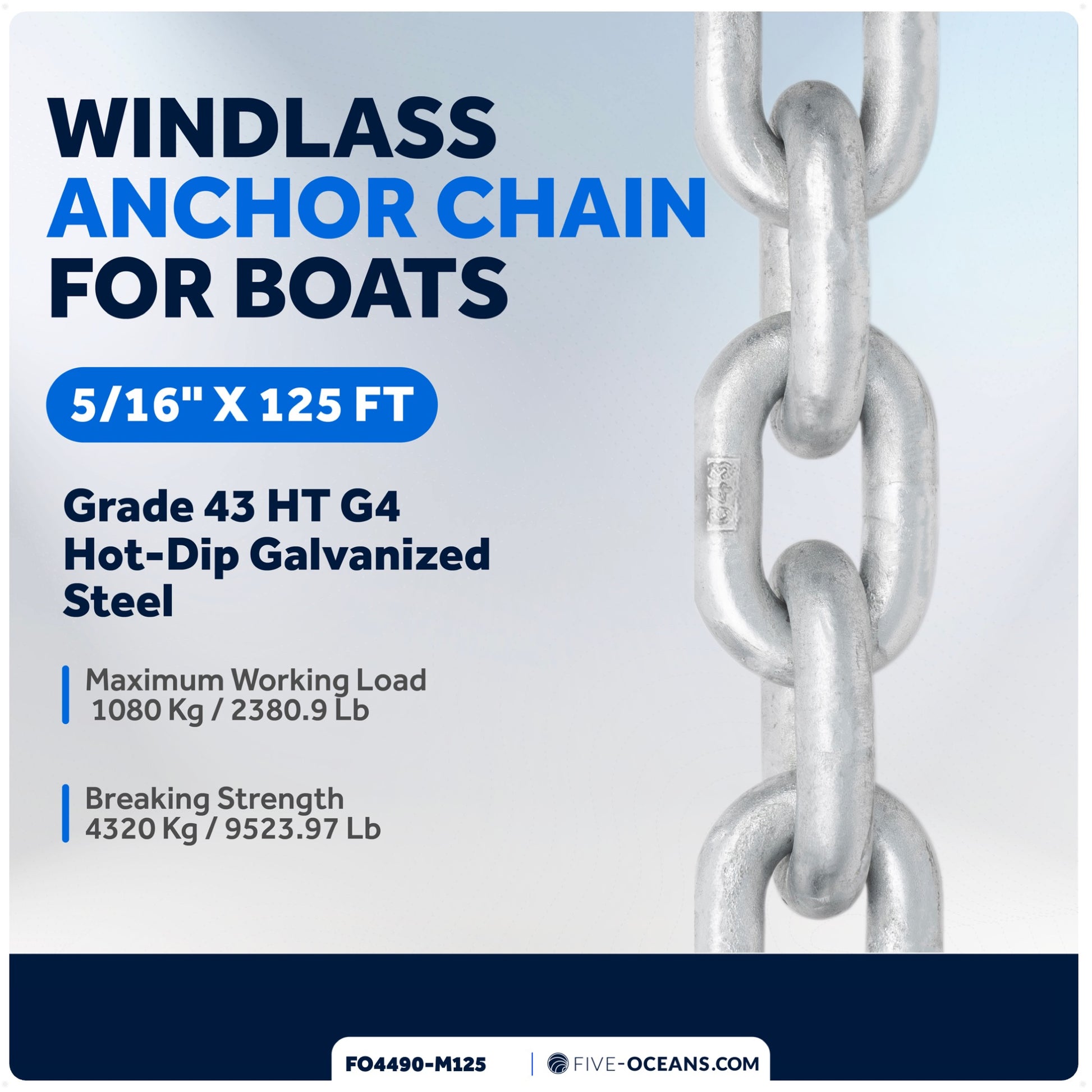 5/16" x 125'  Windlass Boat Anchor Chain HT G4 Galvanized Steel - FO4490-M125 - Five Oceans