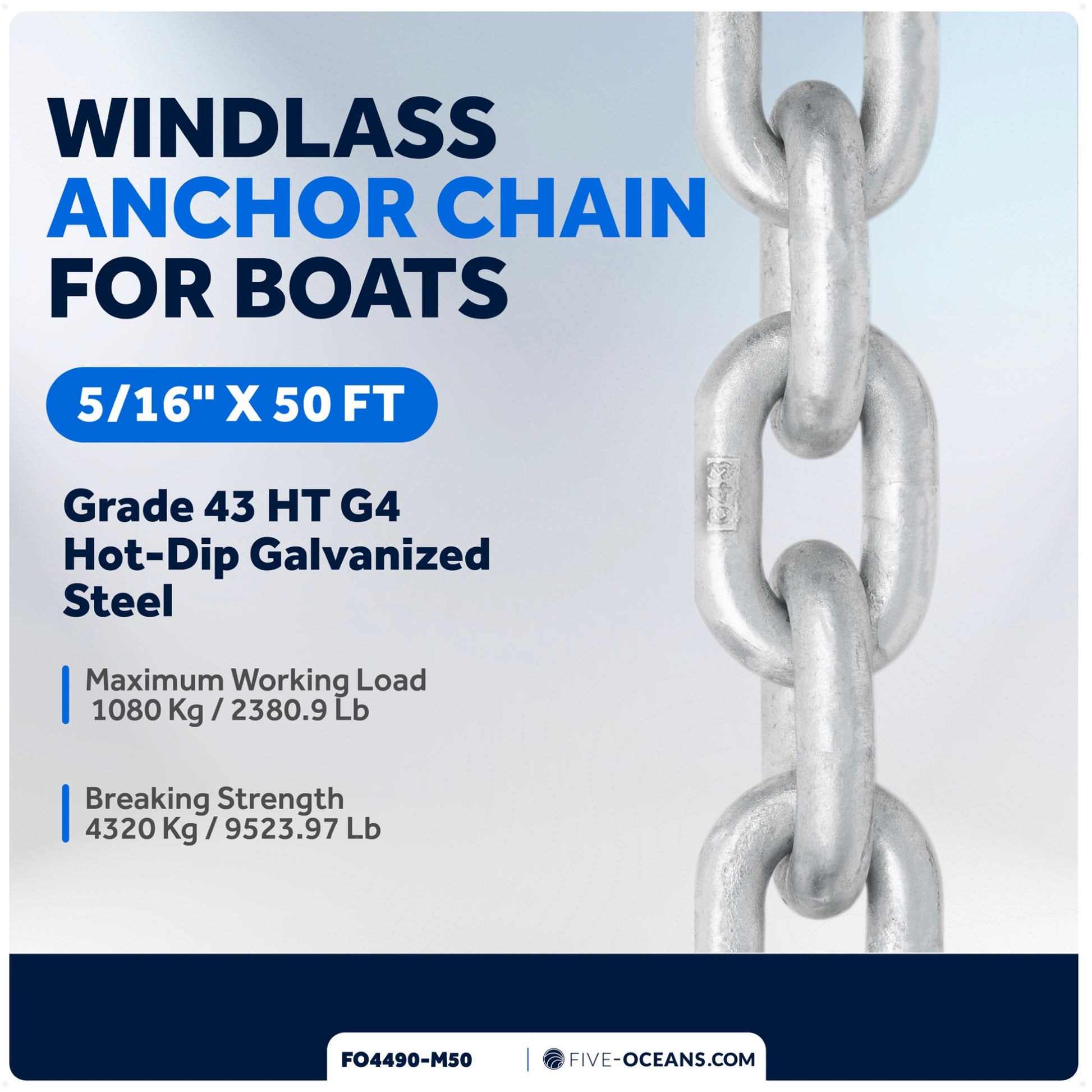 5/16" x 50'  Windlass Boat Anchor Chain HT G4 Galvanized Steel - FO4490-M50 - Five Oceans