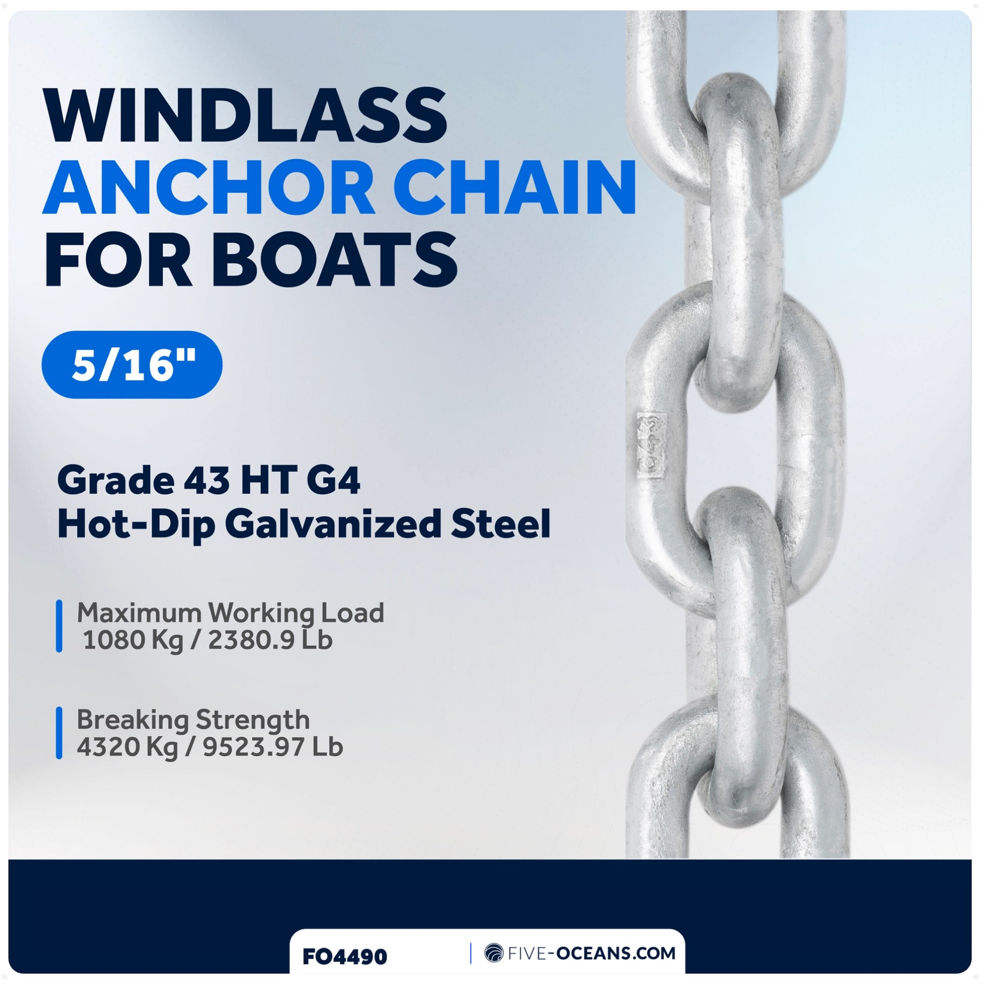 5/16" Windlass Boat Anchor Chain HT G4 Galvanized Steel - FO4490 - Five Oceans