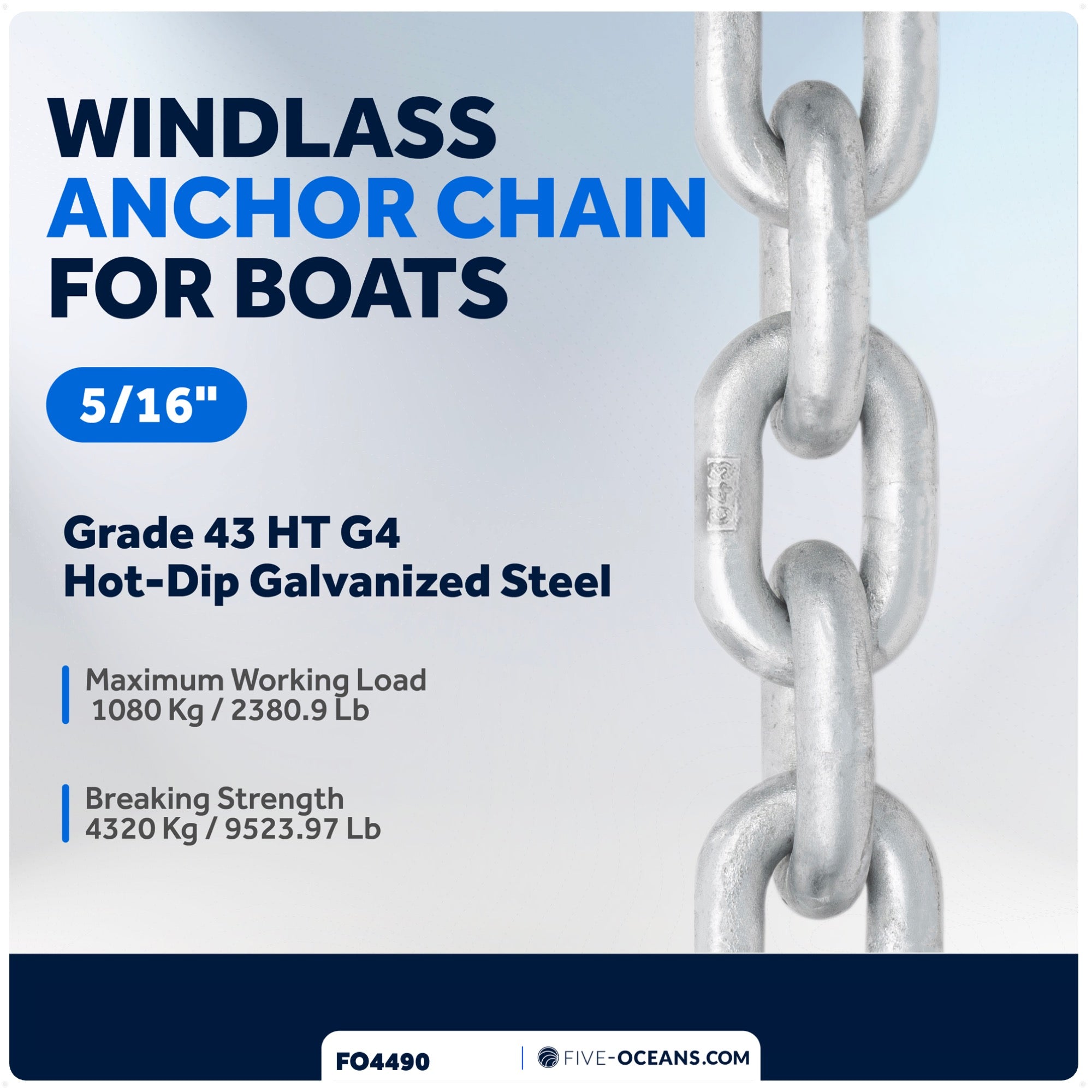5/16" Windlass Boat Anchor Chain HT G4 Galvanized Steel - FO4490 - Five Oceans