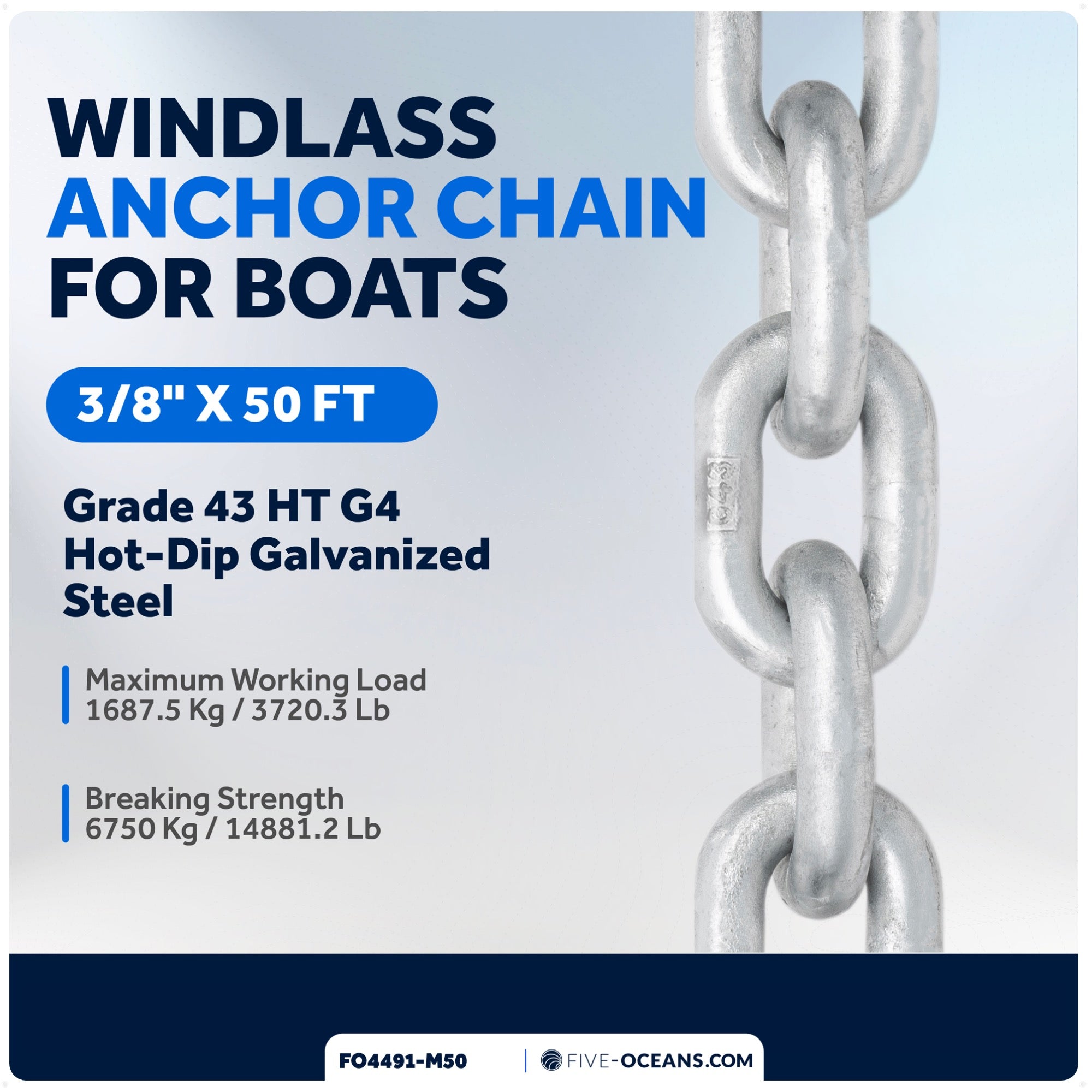 3/8" x 50'  Windlass Boat Anchor Chain HT G4 Galvanized Steel - FO4491-M50 - Five Oceans