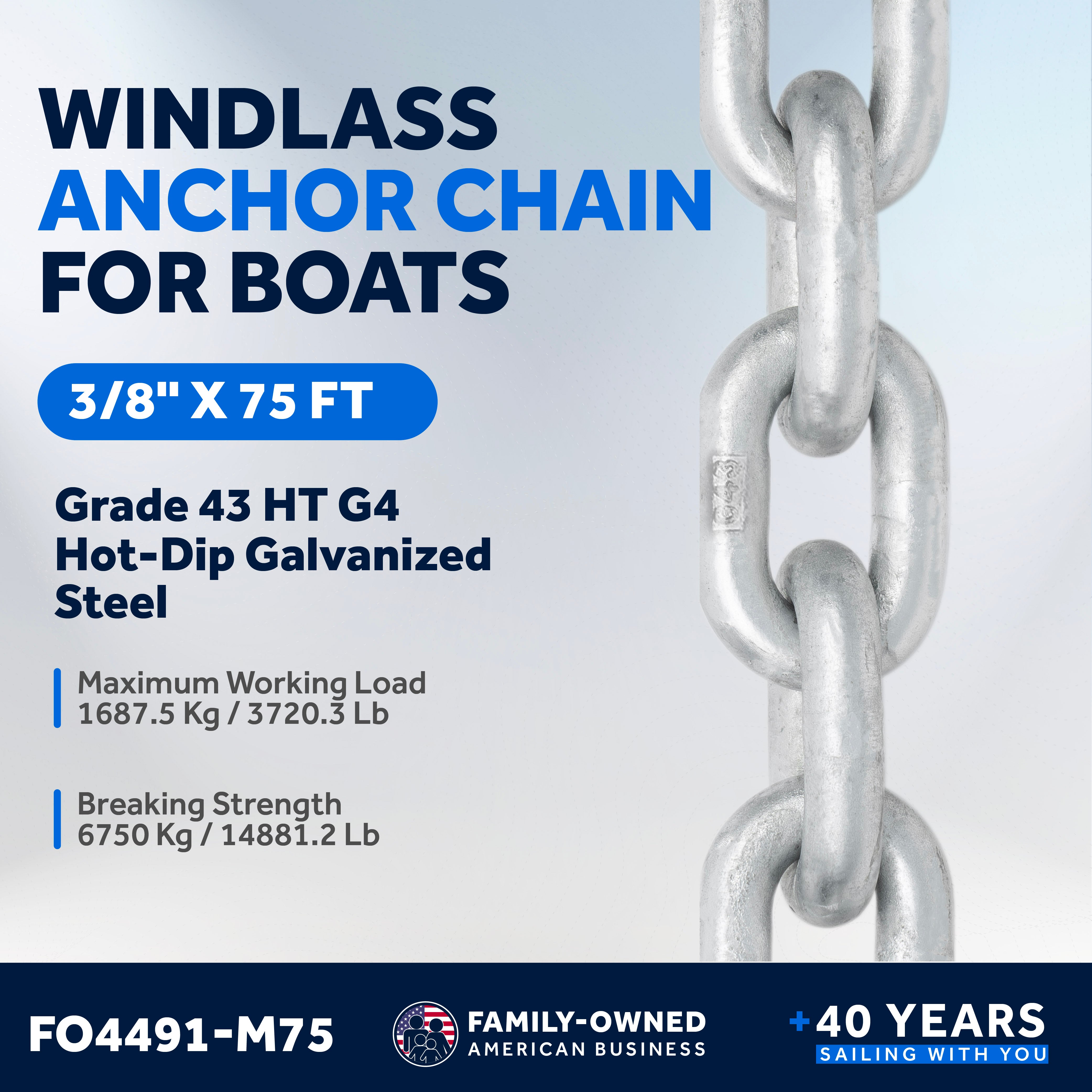 3/8" x 75' Boat Windlass Anchor Chain HT G4 Galvanized Steel - FO4491-M75
