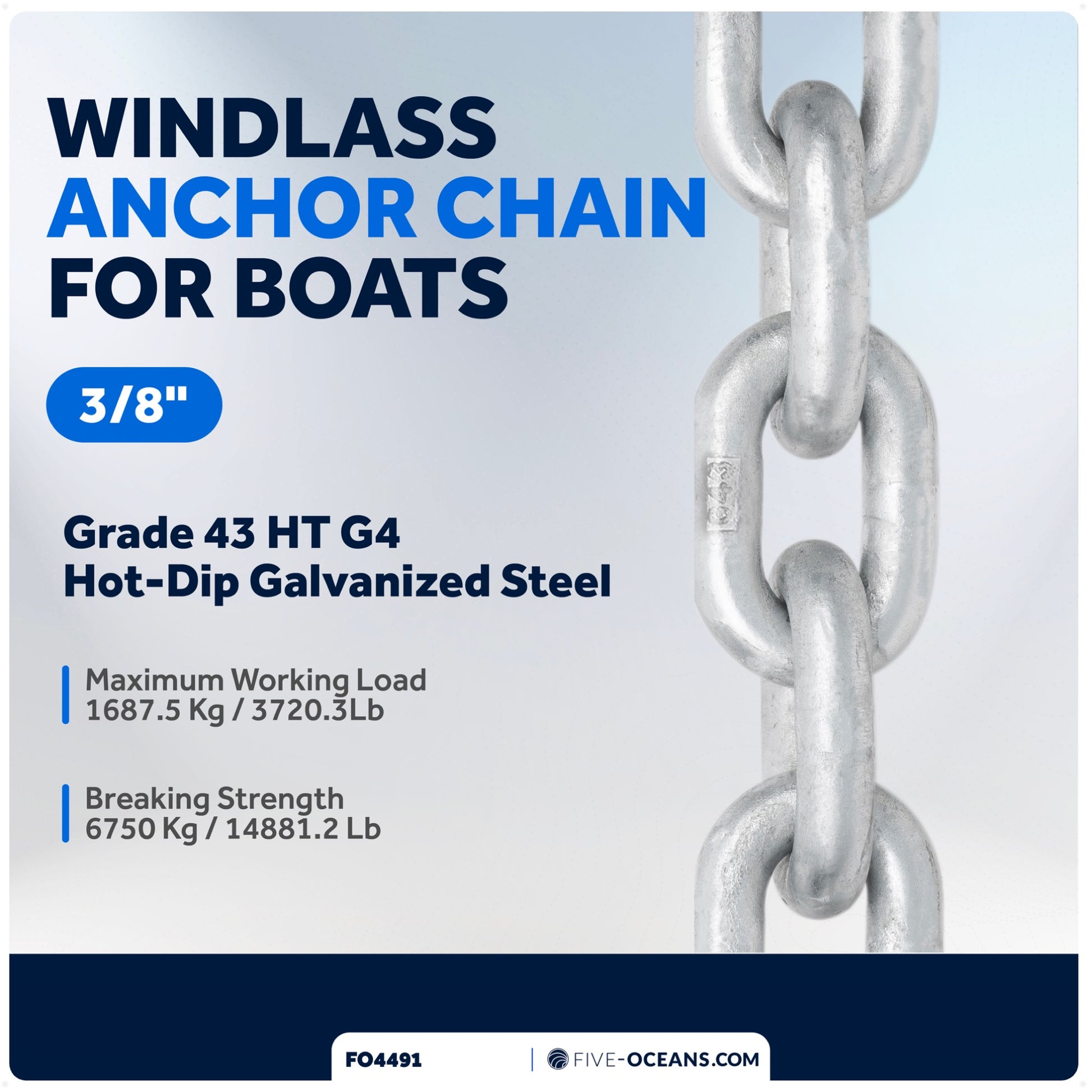 3/8" Windlass Boat Anchor Chain HT G4 Galvanized Steel - FO4491 - Five Oceans