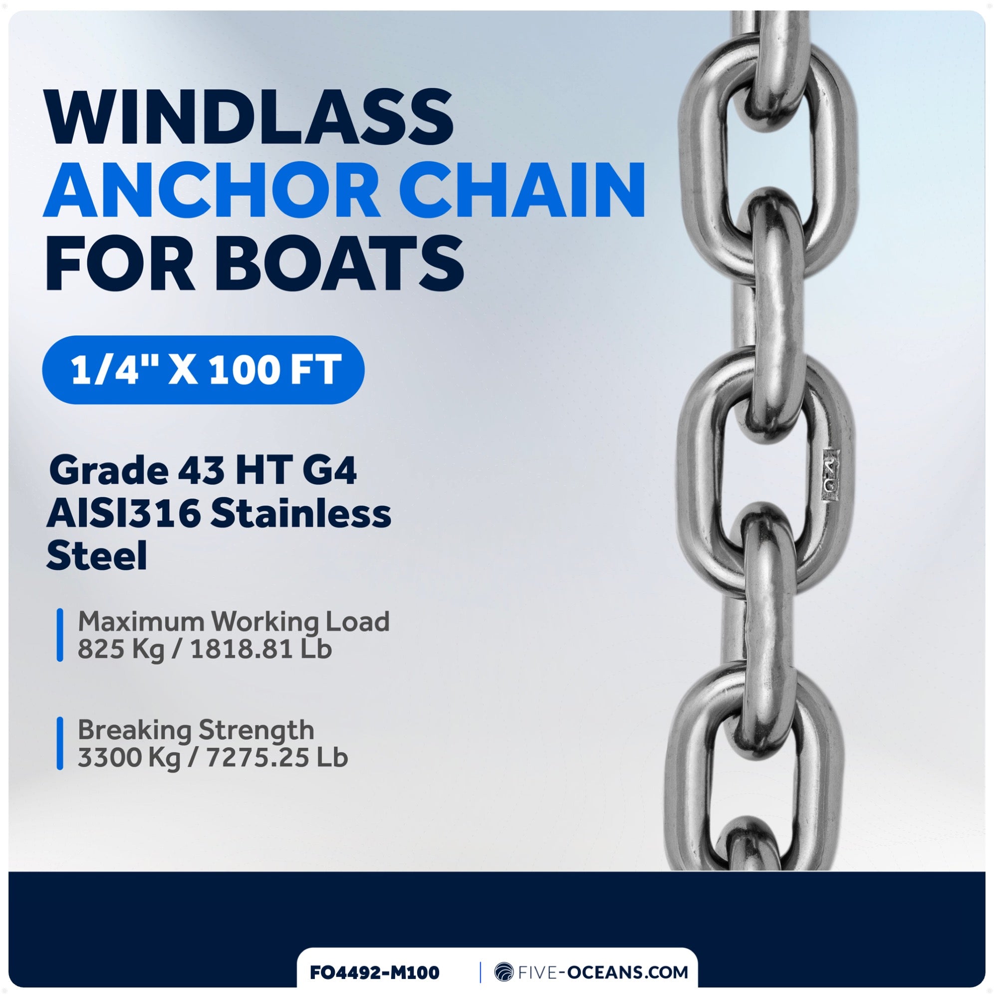 1/4" x 100' Windlass Boat Anchor Chain HT G4 Stainless Steel - FO4492-M100 - Five Oceans