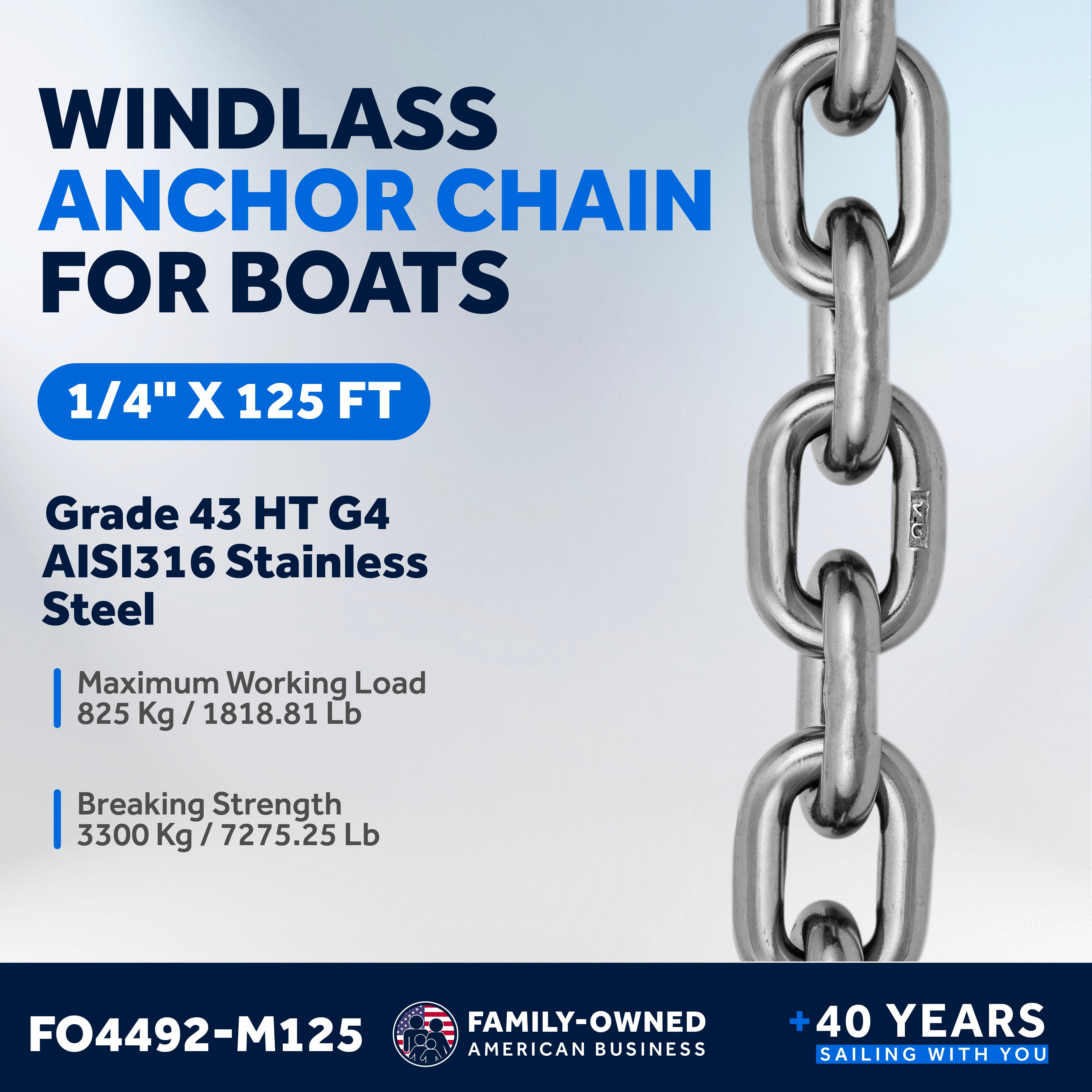 1/4" x 125' Boat Windlass Anchor Chain HT G4 Stainless Steel - FO4492-M125