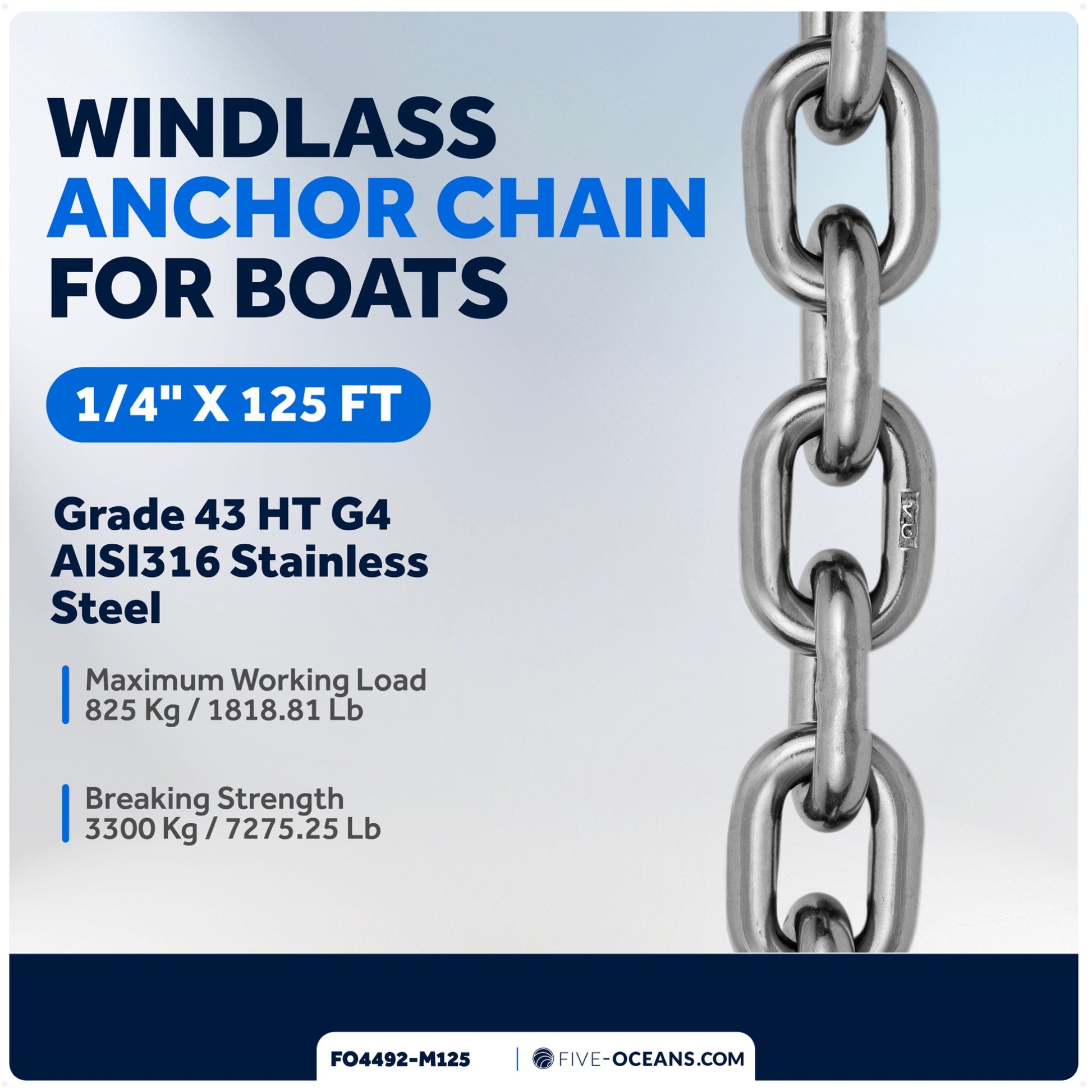 1/4" x 125' Windlass Boat Anchor Chain HT G4 Stainless Steel - FO4492-M125 - Five Oceans