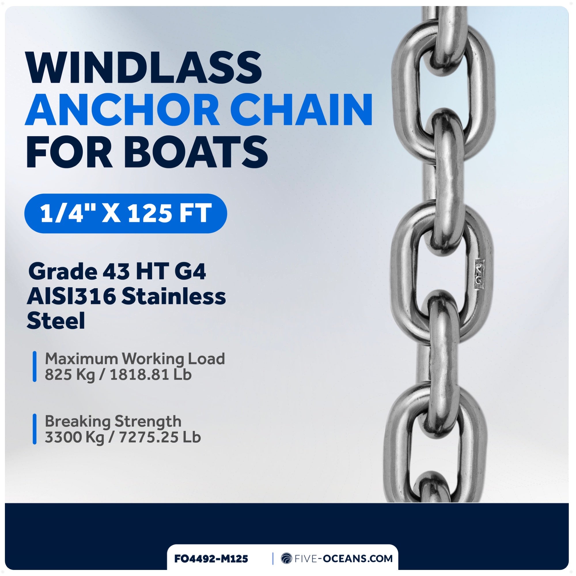 Windlass Anchor Chain 1/4" x 125' HT G4 - Stainless Steel - FO4492-M125 - Five Oceans
