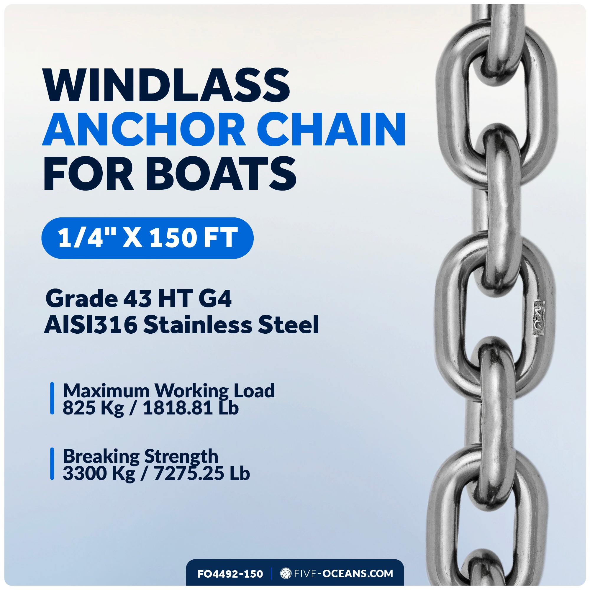 Windlass Anchor Chain 1/4" x 150' HT G4 - Stainless Steel - FO4492-M150 - Five Oceans