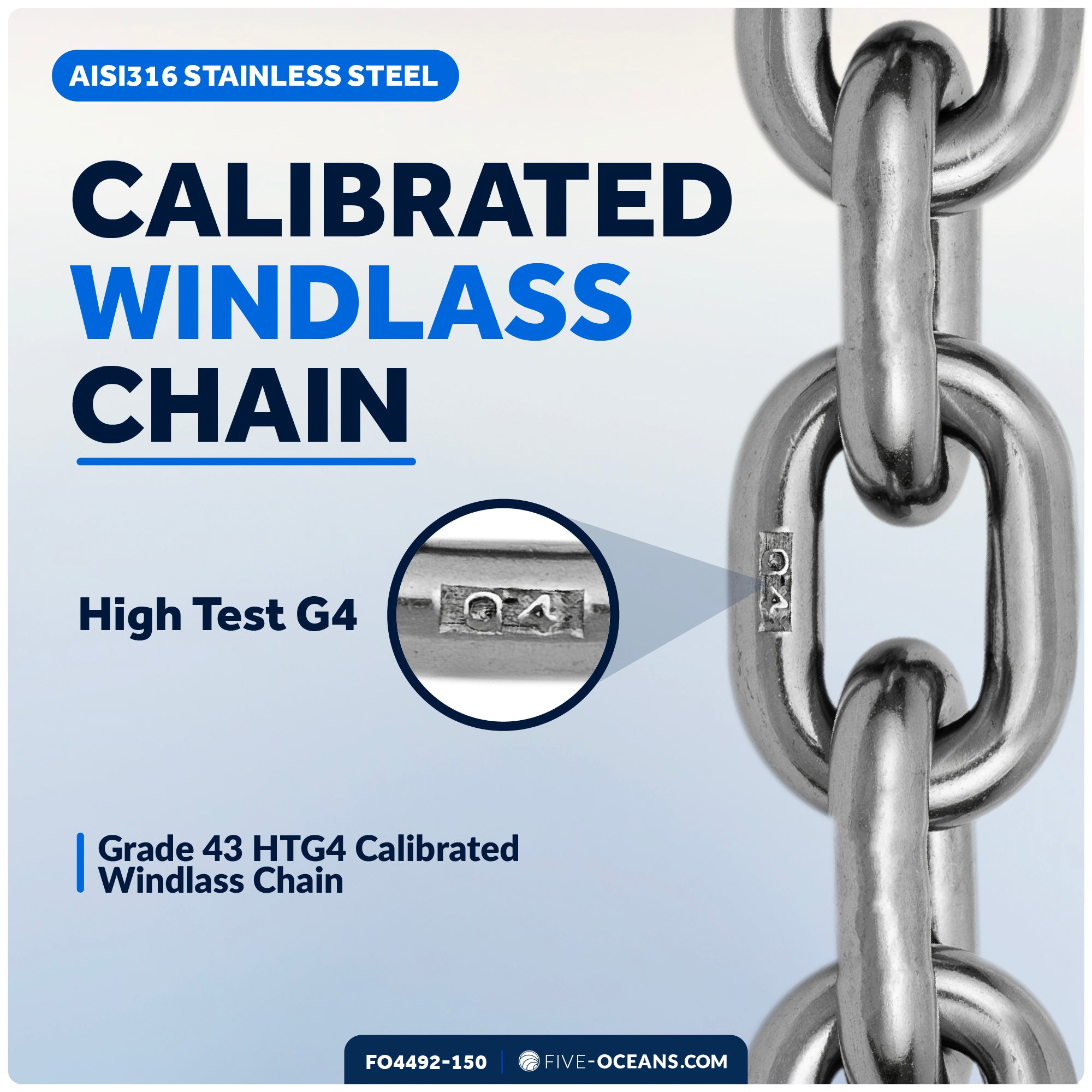 Windlass Anchor Chain 1/4" x 150' HT G4 - Stainless Steel - FO4492-M150 - Five Oceans