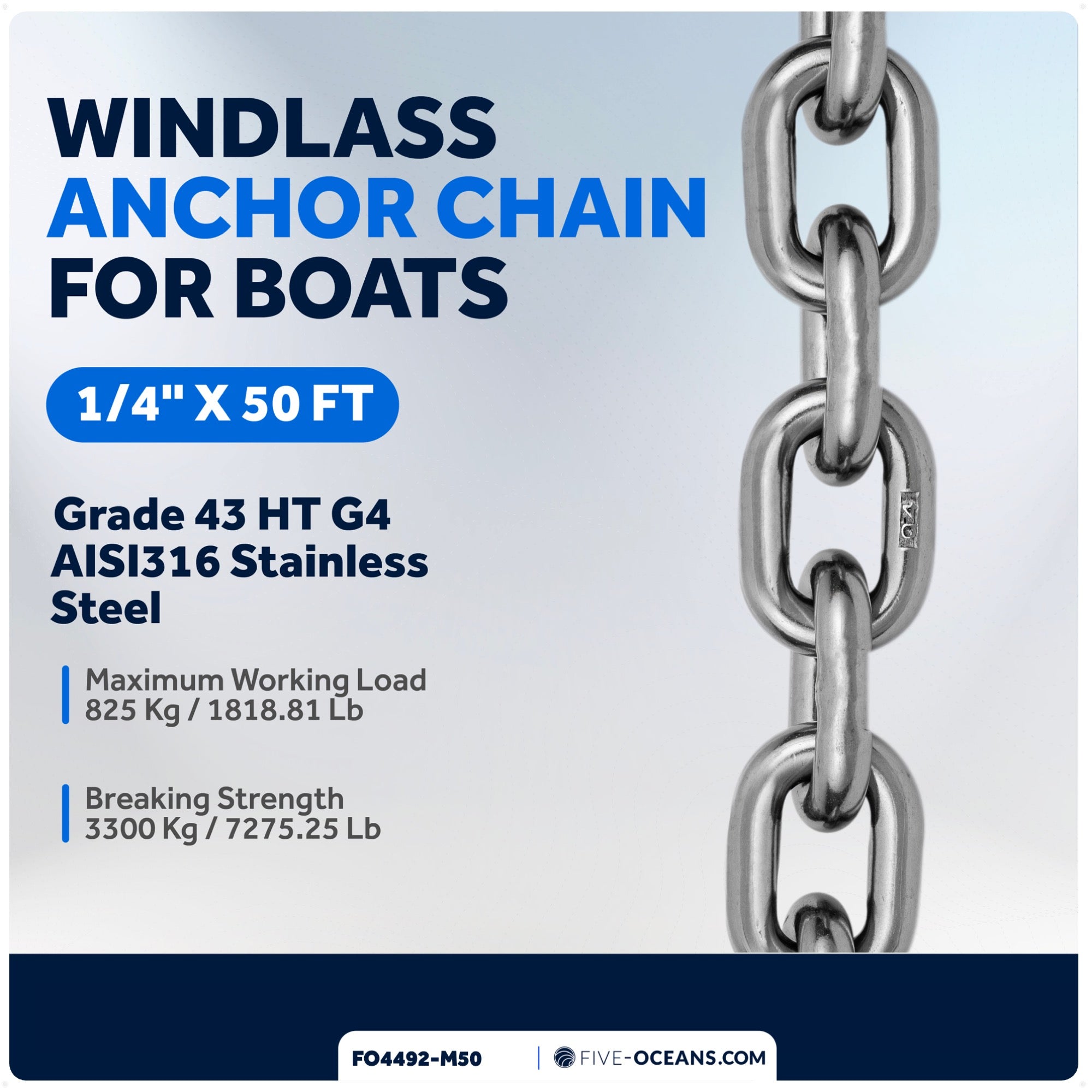 Windlass Anchor Chain 1/4" x 50' HT G4 - Stainless Steel - FO4492-M50 - Five Oceans