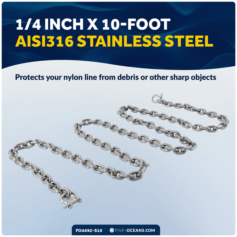 Anchor Chain 1/4" x 10' with 2 Shackles, HT G4 Stainless Steel - FO4492-S10 - Five Oceans
