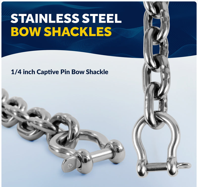 1/4" Anchor Chain with 2 Shackles, Marine-Grade HTG4 AISI316 Stainless Steel - Five Oceans