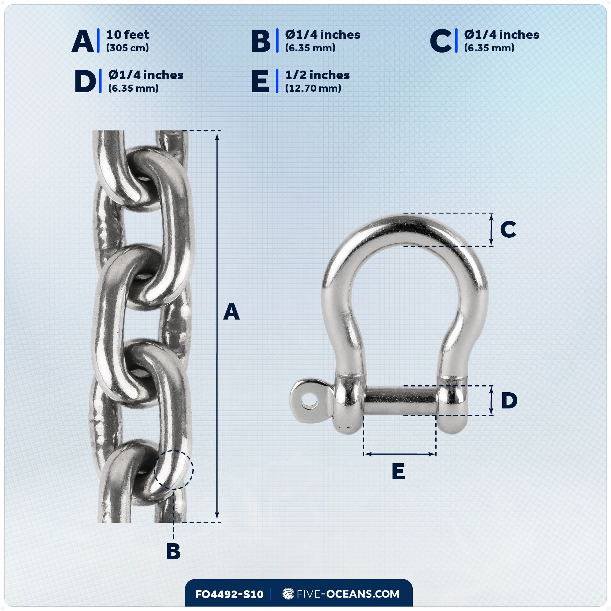 Anchor Chain 1/4" x 10' with 2 Shackles, HT G4 Stainless Steel - FO4492-S10