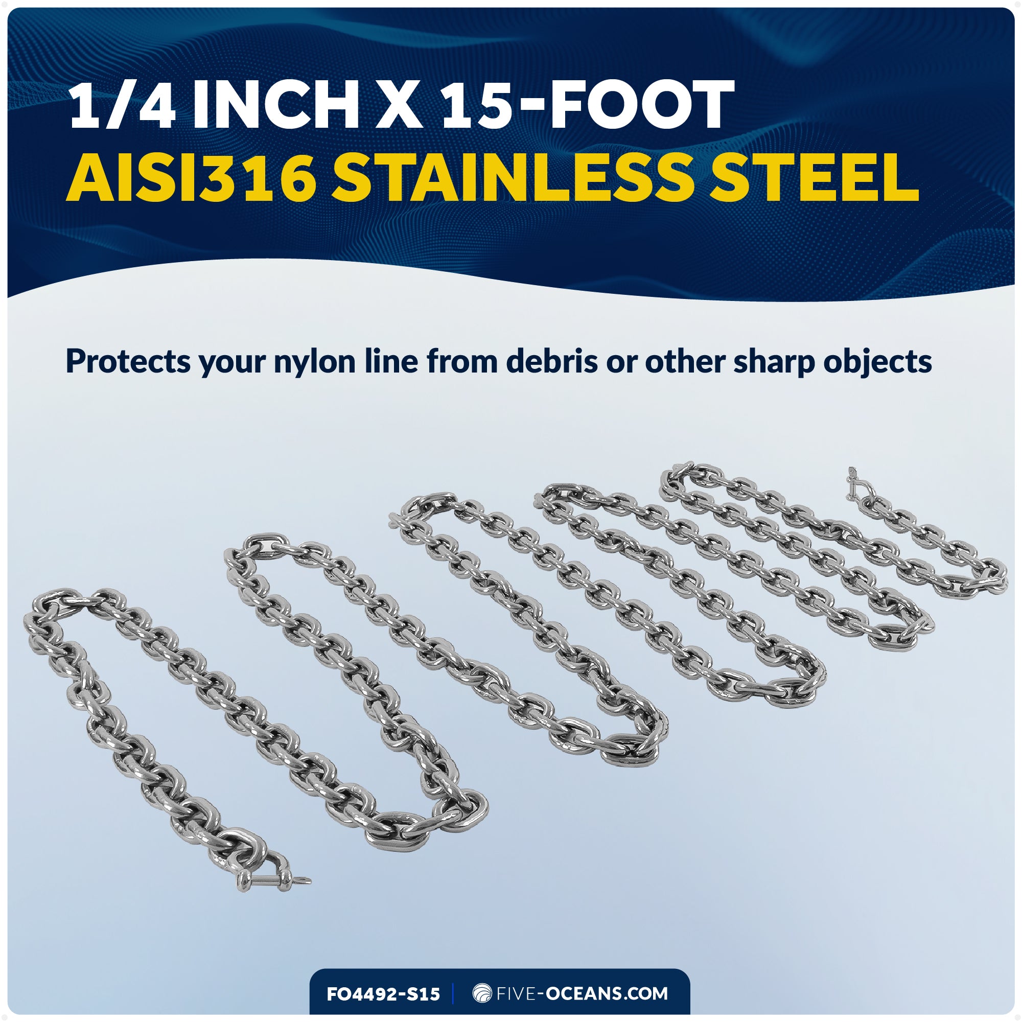 Anchor Chain 1/4" x 15' with 2 Shackles, HT G4 Stainless Steel - FO4492-S15