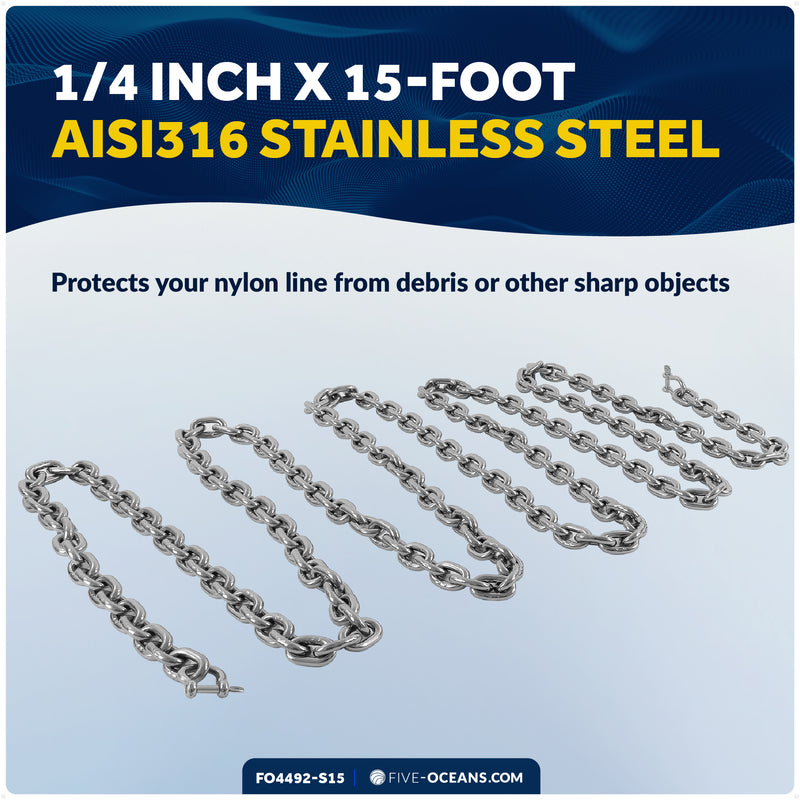Anchor Chain 1/4" x 15' with 2 Shackles, HT G4 Stainless Steel - FO4492-S15 - Five Oceans