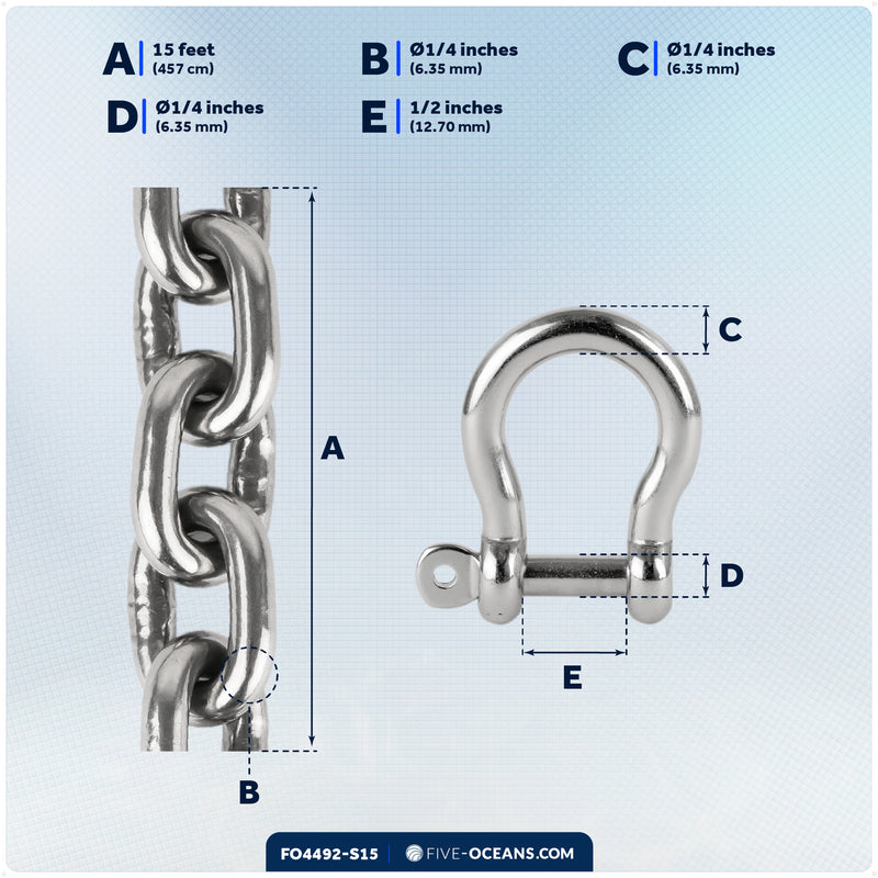 Anchor Chain 1/4" x 15' with 2 Shackles, HT G4 Stainless Steel - FO4492-S15 - Five Oceans