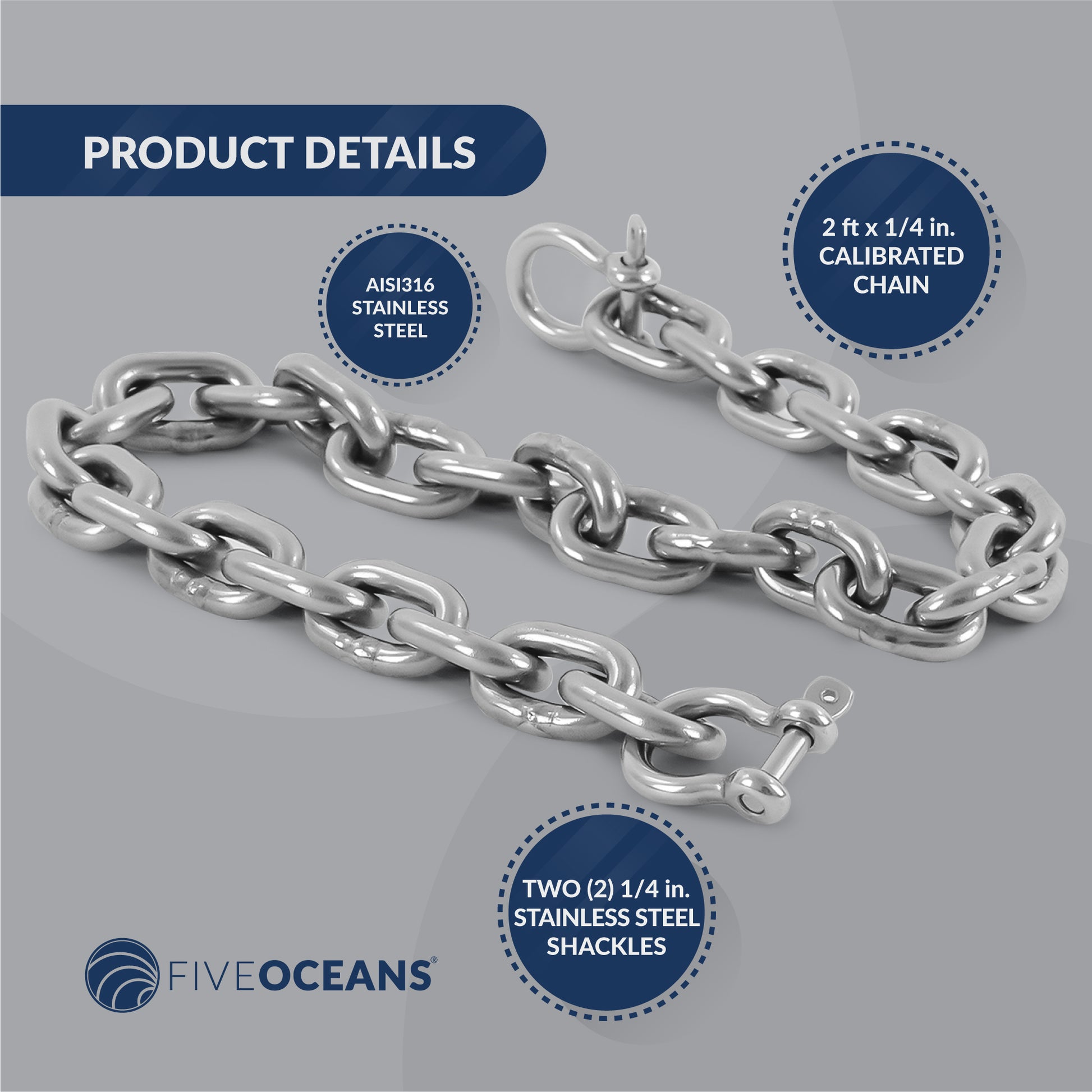 1/4" x 2' Boat Anchor Chain with 2 Stainless Steel Shackles, G4 High Test Stainless Steel Chain - FO4492-S2 - Five Oceans