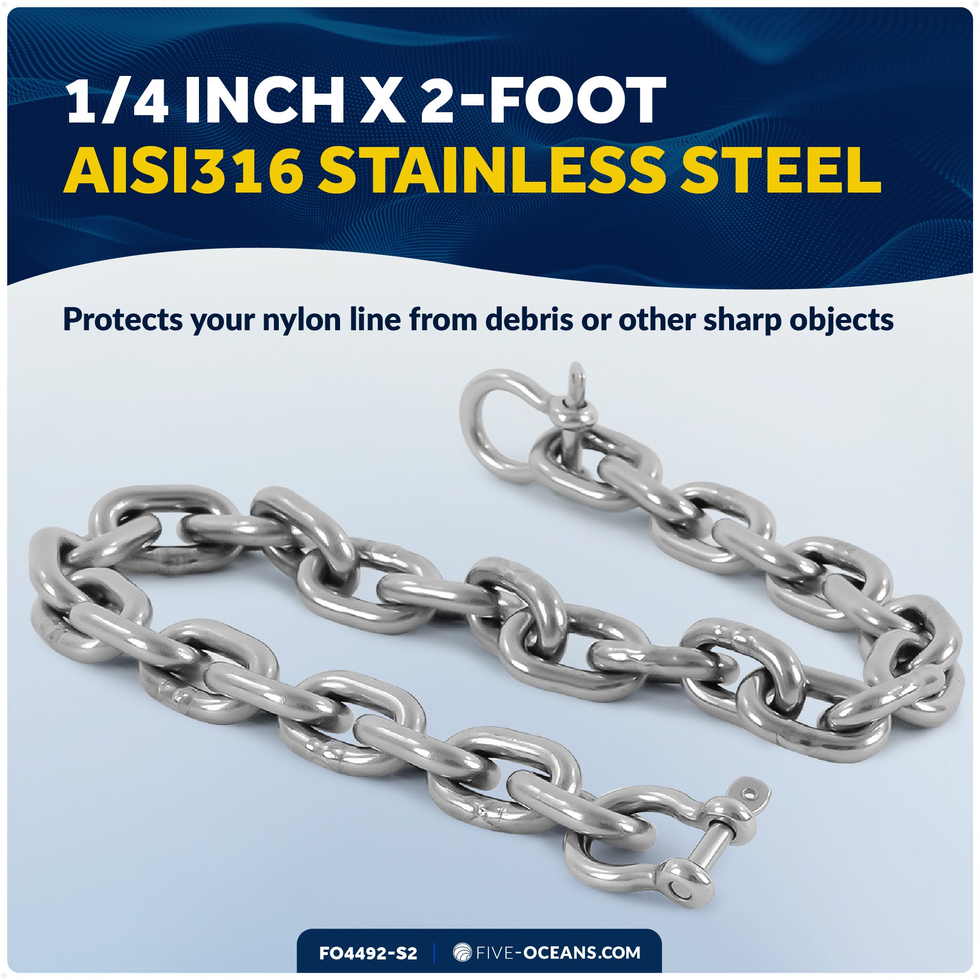 Anchor Chain 1/4" x 2' with 2 Shackles, HT G4 Stainless Steel - FO4492-S2