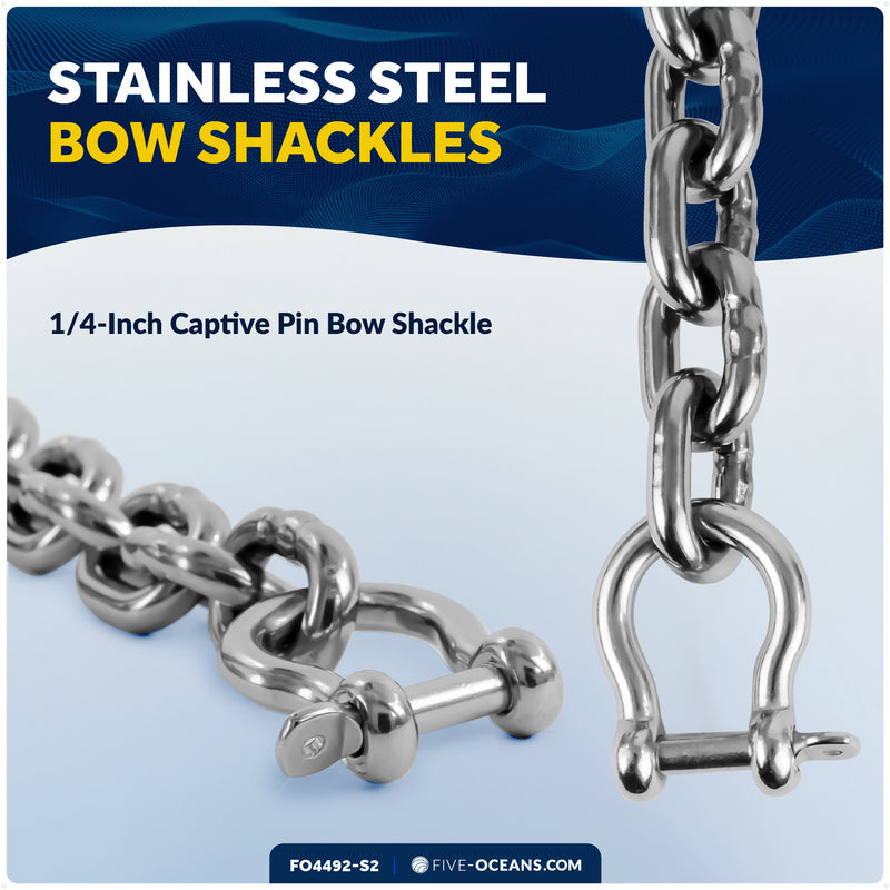 Anchor Chain 1/4" x 2' with 2 Shackles, HT G4 Stainless Steel - FO4492-S2 - Five Oceans