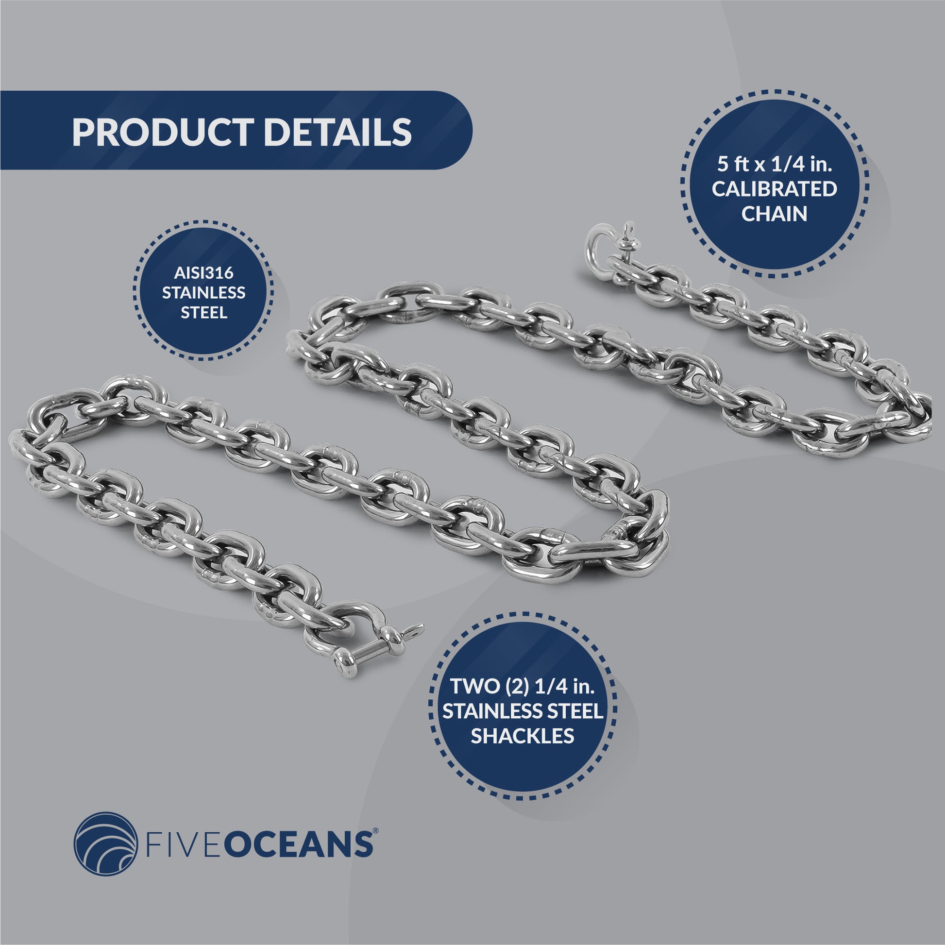 1/4" x 5' Boat Anchor Chain with 2 Stainless Steel Shackles, G4 High Test Stainless Steel Chain - FO4492-S5 - Five Oceans