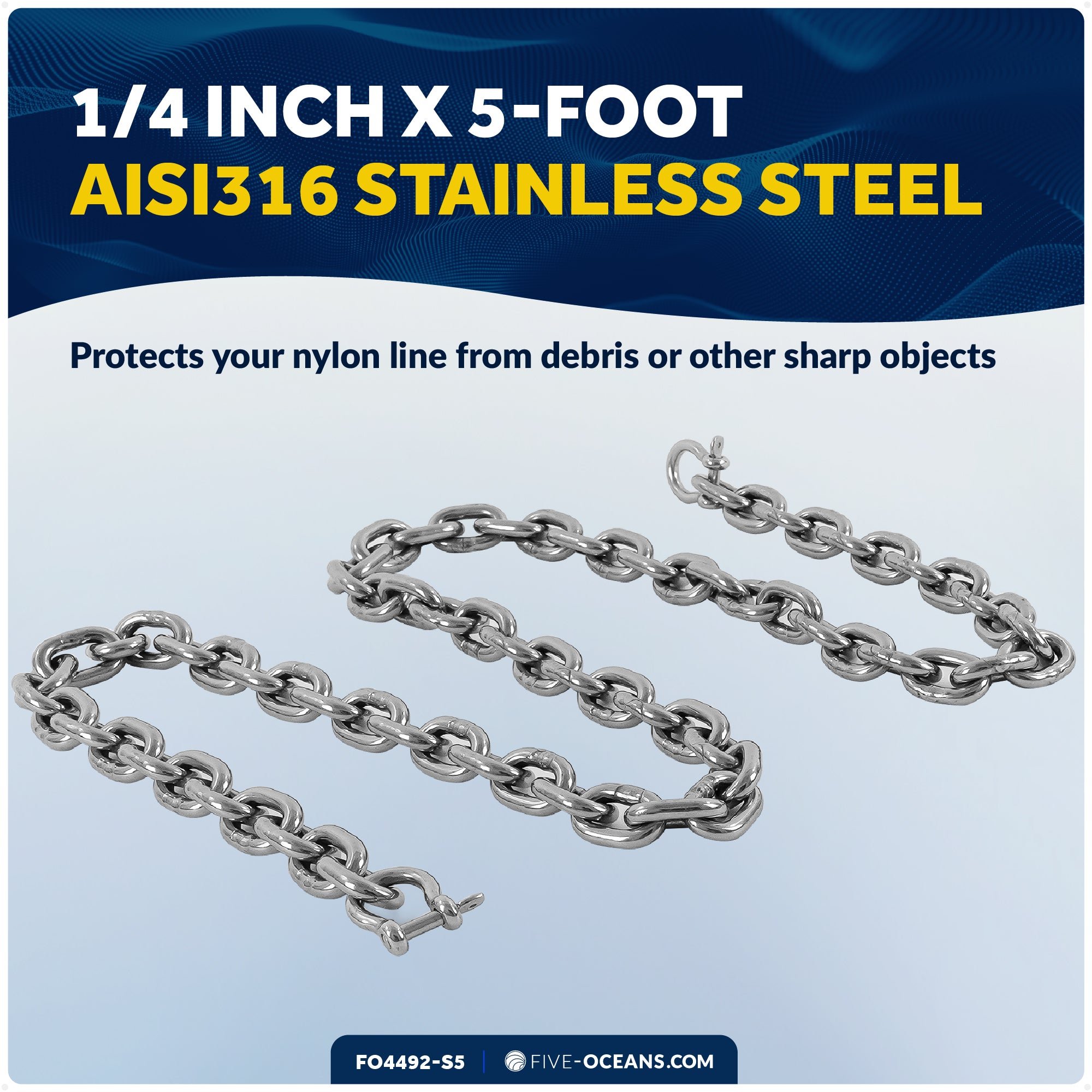 Anchor Chain 1/4" x 5' with 2 Shackles, HT G4 Stainless Steel - FO4492-S5