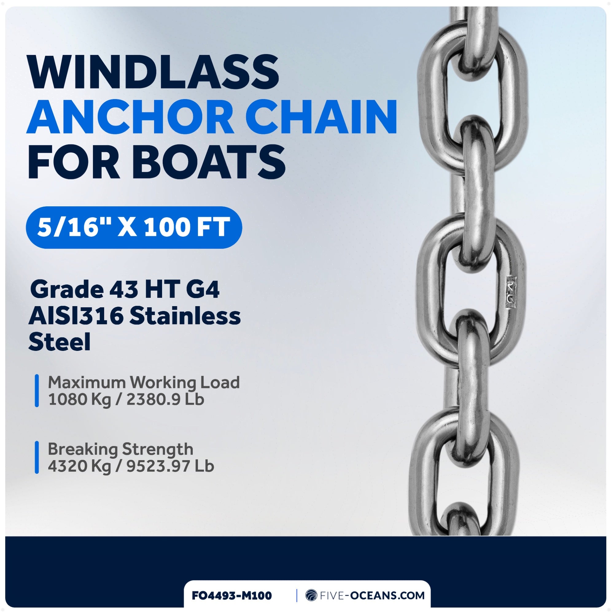 5/16" x 100'  Windlass Boat Anchor Chain HT G4 Stainless Steel - FO4493-M100 - Five Oceans
