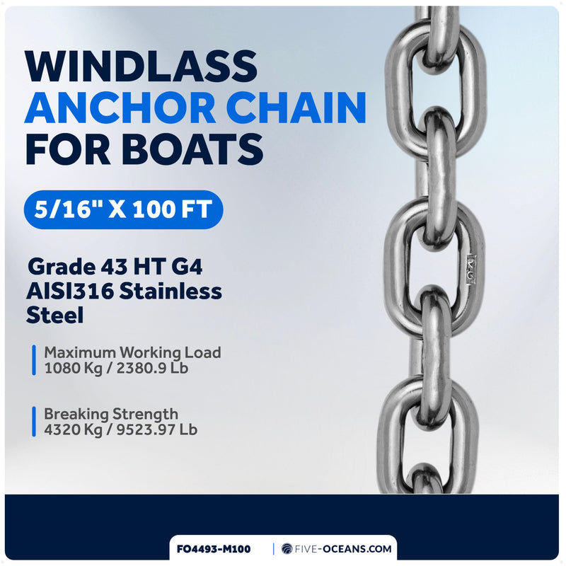 Windlass Anchor Chain 5/16" x 100' HT G4 - Stainless Steel - FO4493-M100 - Five Oceans