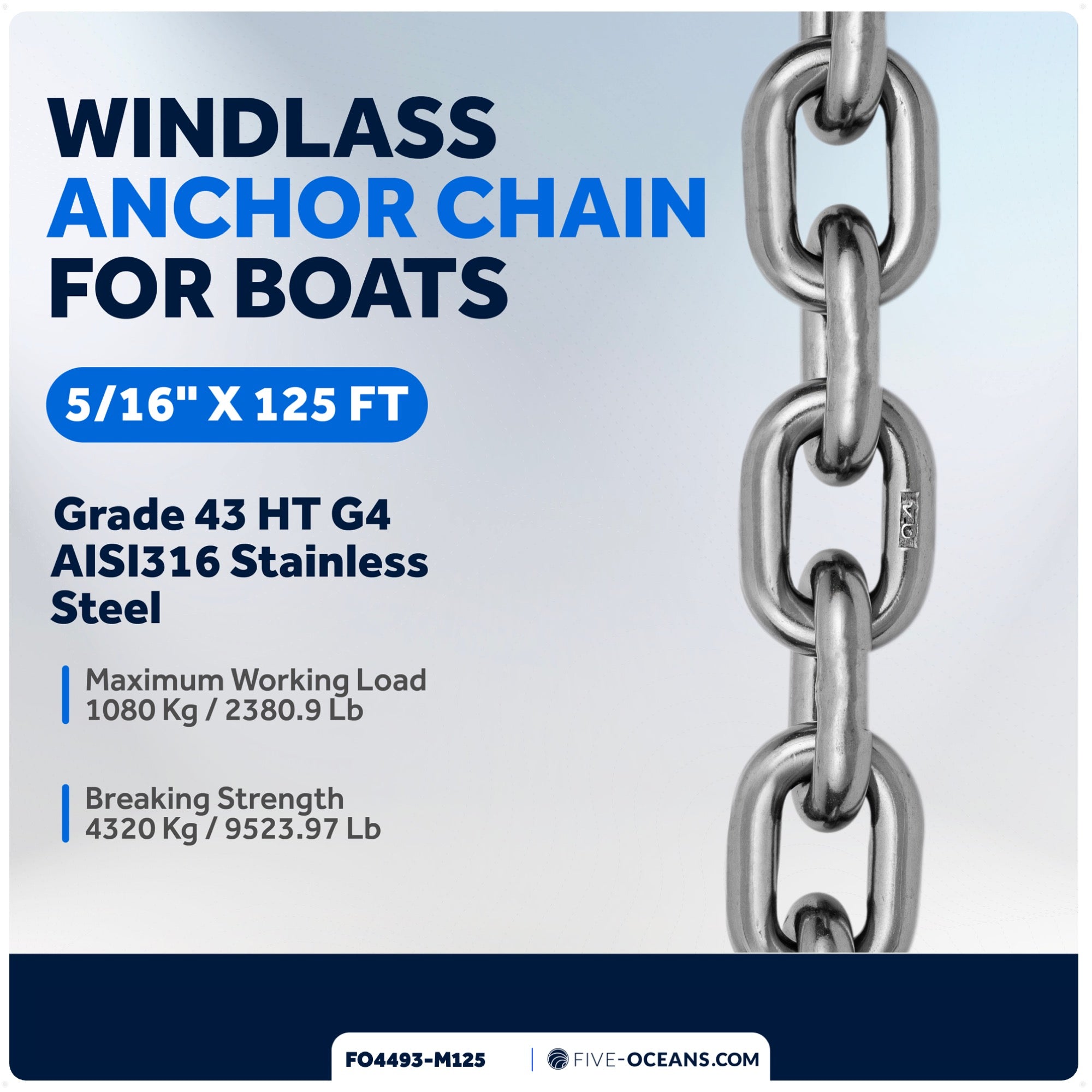 Windlass Anchor Chain 5/16" x 125' HT G4 - Stainless Steel - FO4493-M125 - Five Oceans